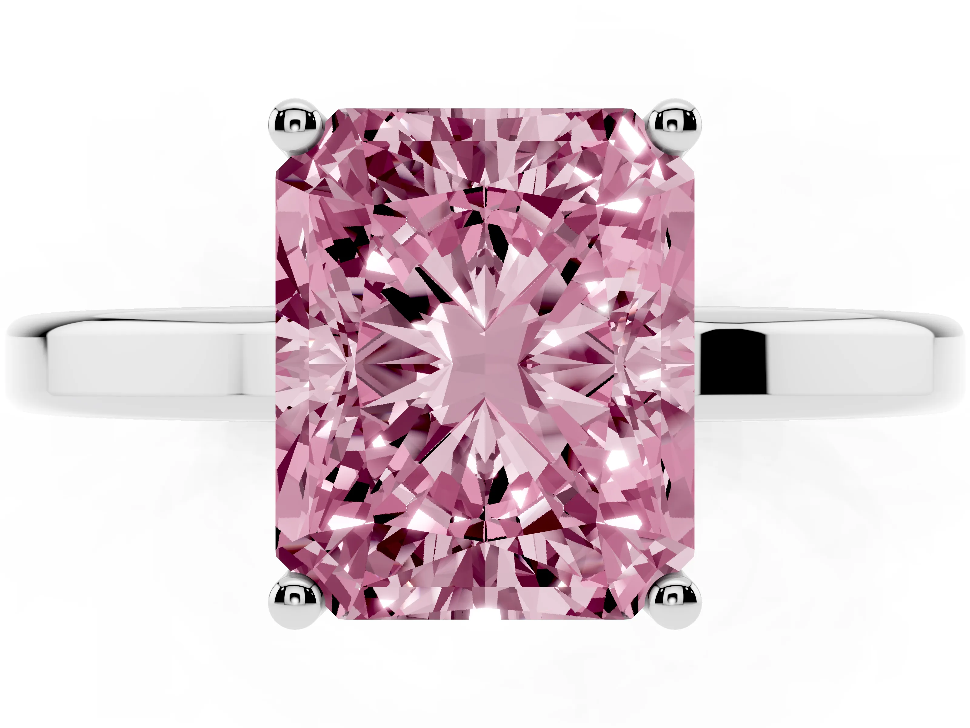 Fancy Pink Radiant Cut Diamond Solitaire Engagement Ring Set in White gold with Prong Setting on a Plain Band