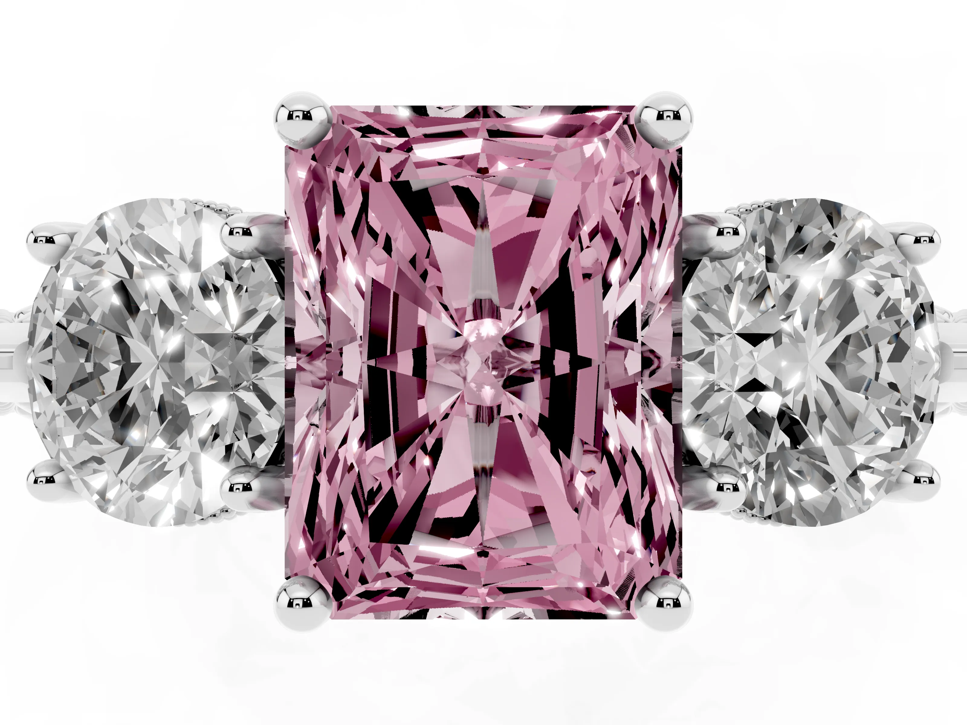 Fancy Pink Radiant Cut Diamond Three-Stone Ring Set in Silver with Milgrain Band