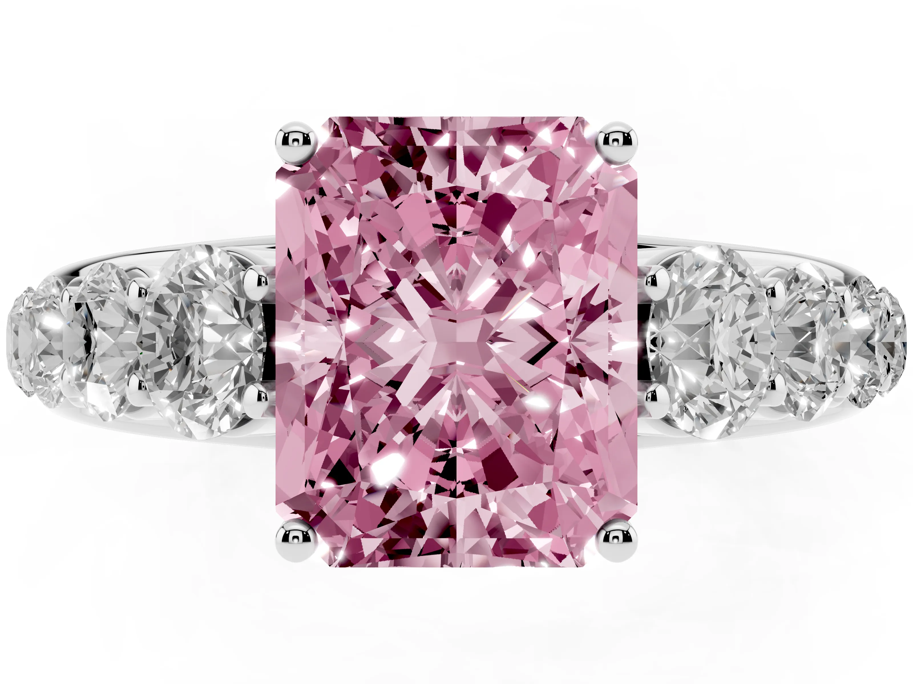 Fancy Pink Radiant Cut Diamond Solitaire Ring Set in White gold with Pavé-Set Band and Prong Setting