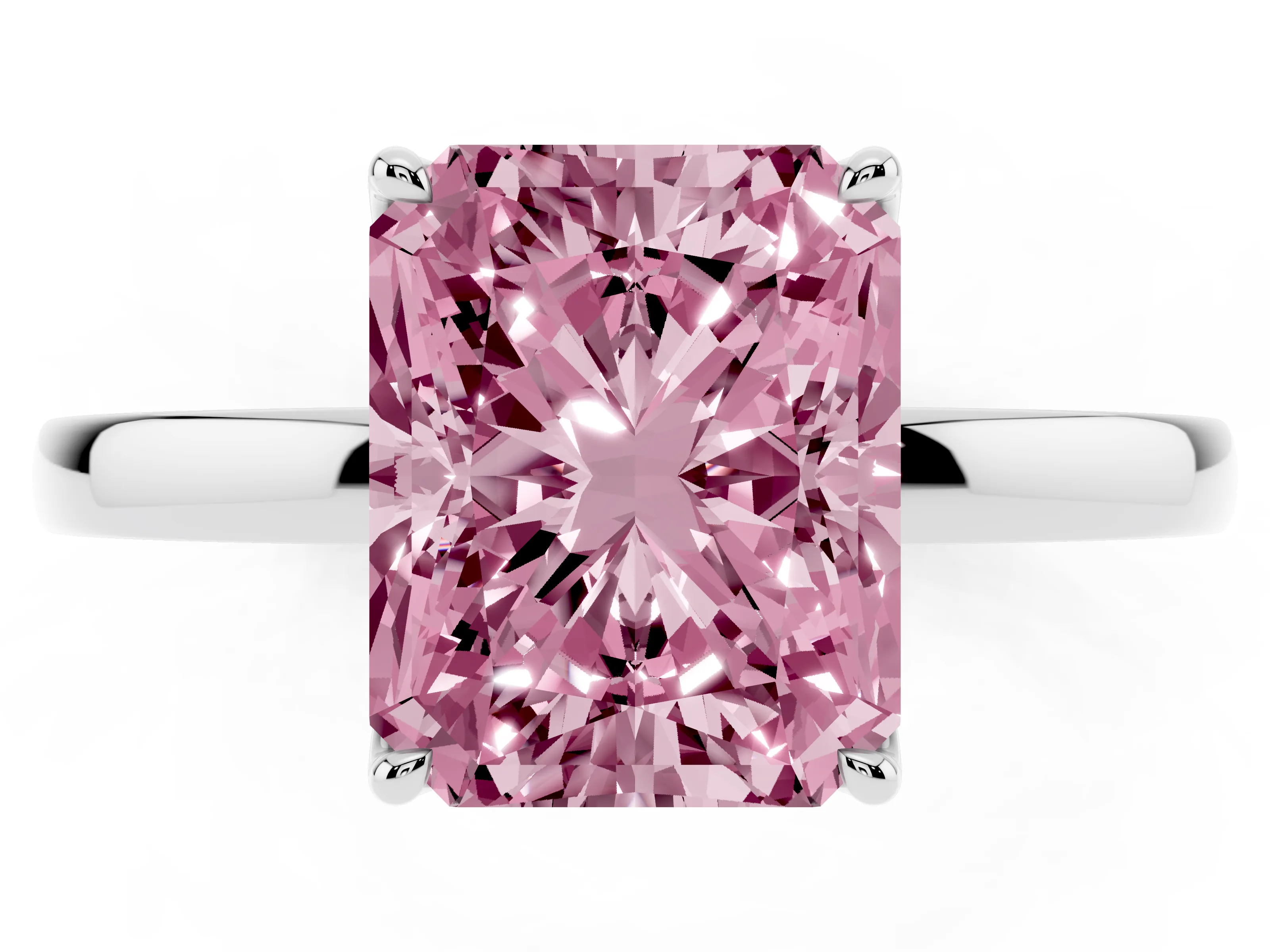 Fancy Pink Radiant Cut Diamond Solitaire Ring Set in White gold with Prong Setting and Thin Polished Band