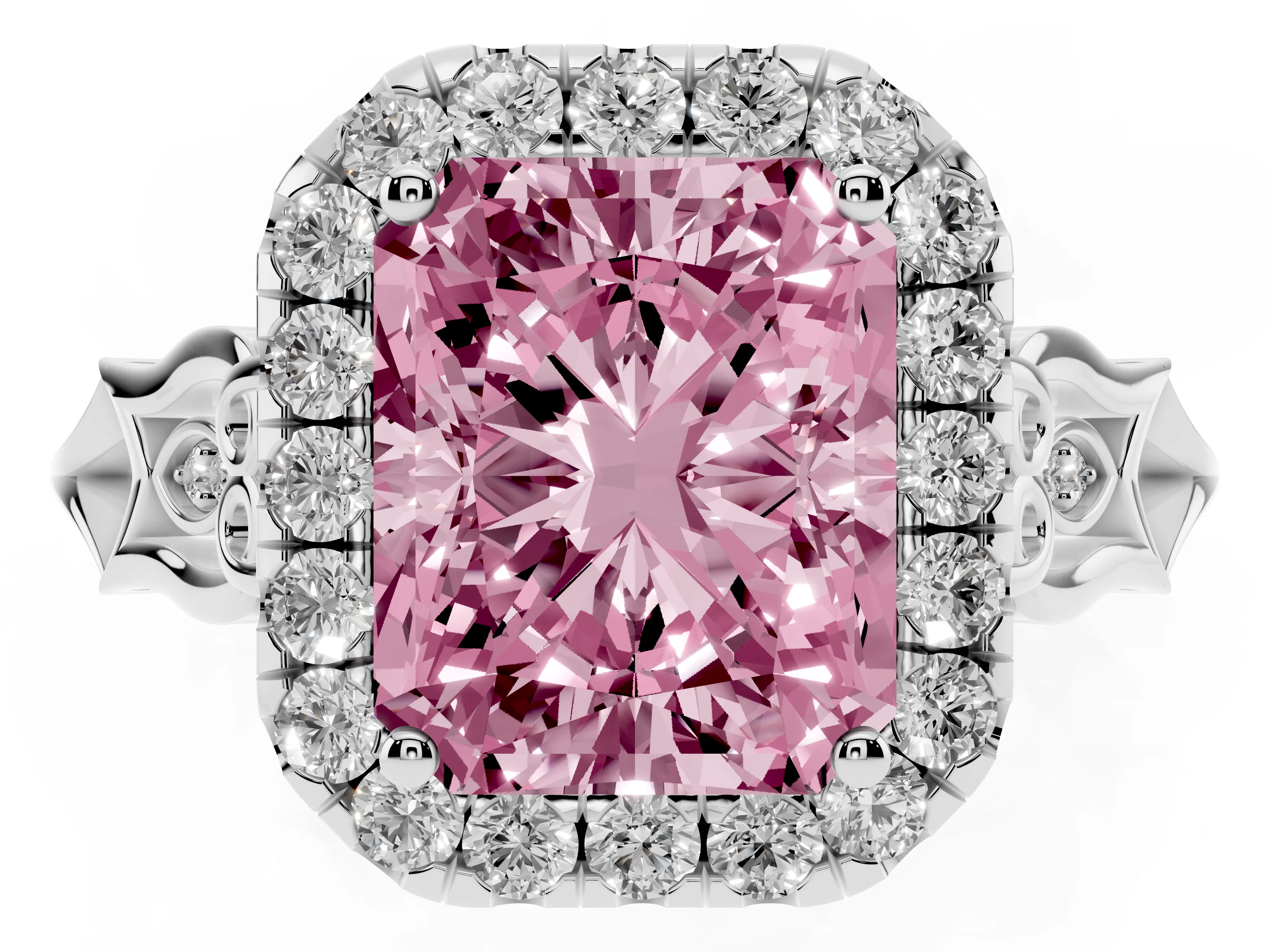 Fancy Pink Radiant Cut Diamond Halo Engagement Ring Set in Silver with Filigree Band and Prong-Set Center