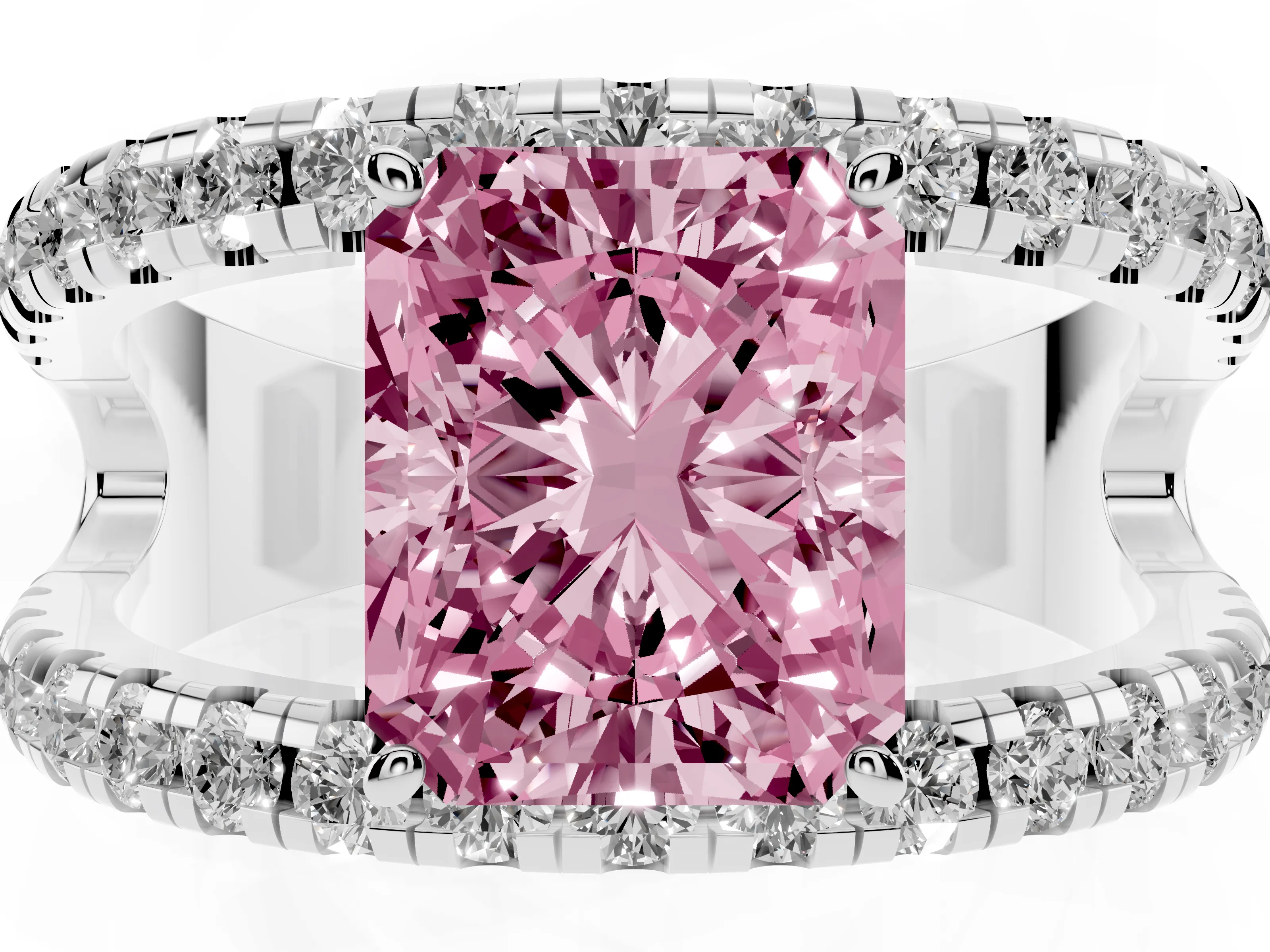 Fancy Pink Radiant Cut Diamond Split Shank Pavé Solitaire Ring Set in Platinum with Open Shank Design