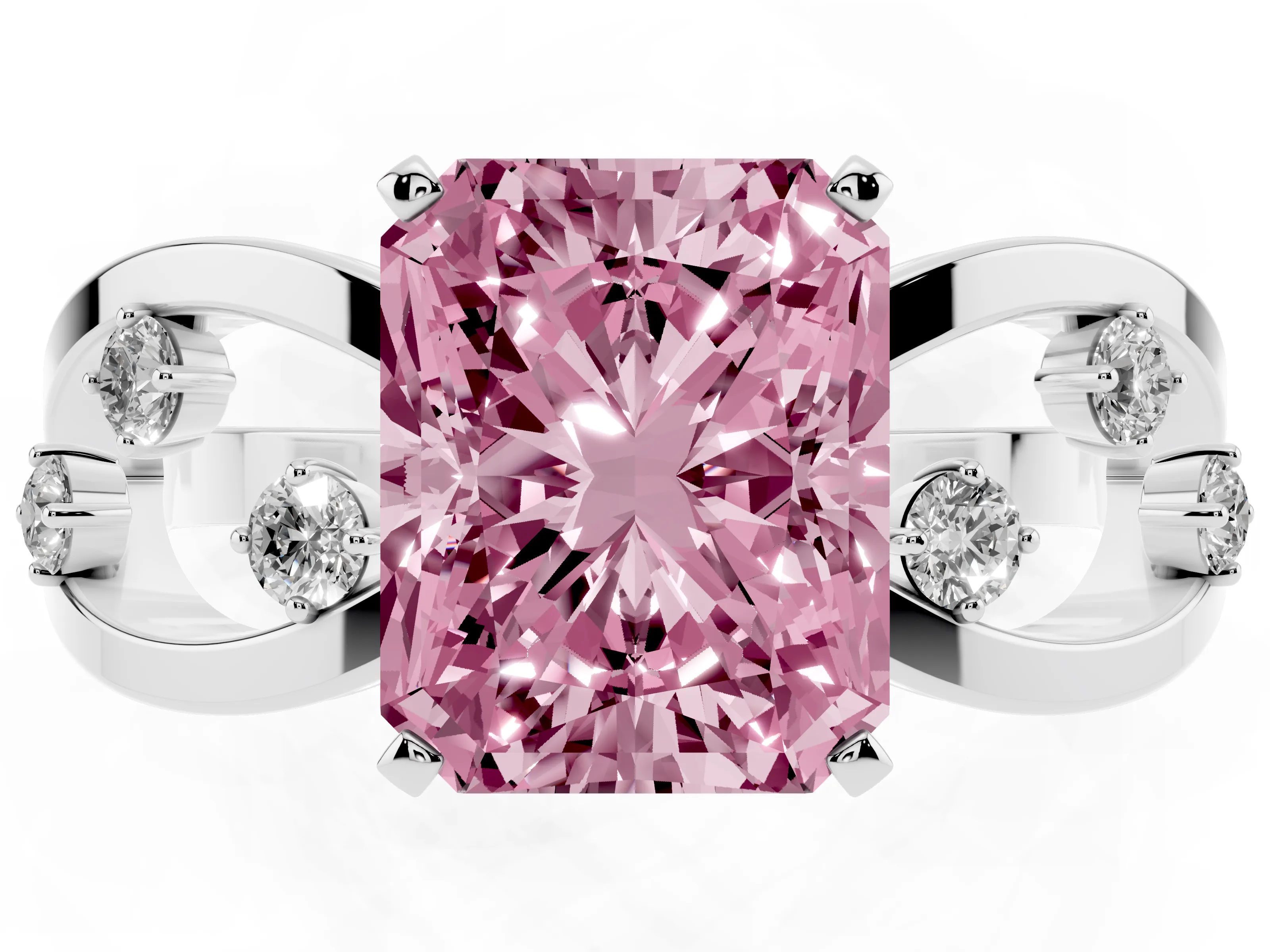 Fancy Pink Radiant Cut Diamond Solitaire Ring Set in Platinum with Side Stones on Criss-Cross Band and Prong Setting