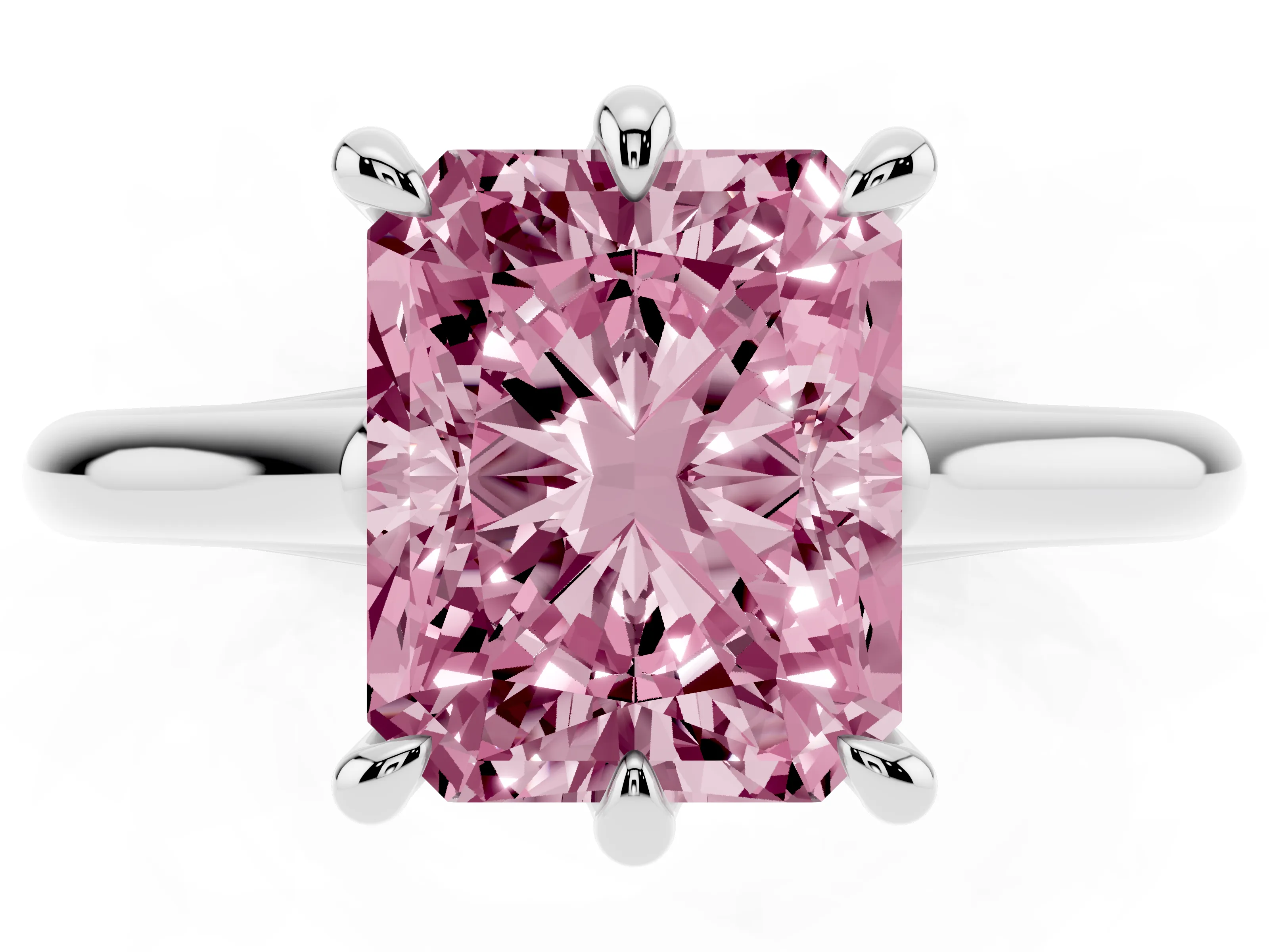 Fancy Pink Radiant Cut Diamond Solitaire Engagement Ring Set in Silver with Prong Setting and Plain Classic Band