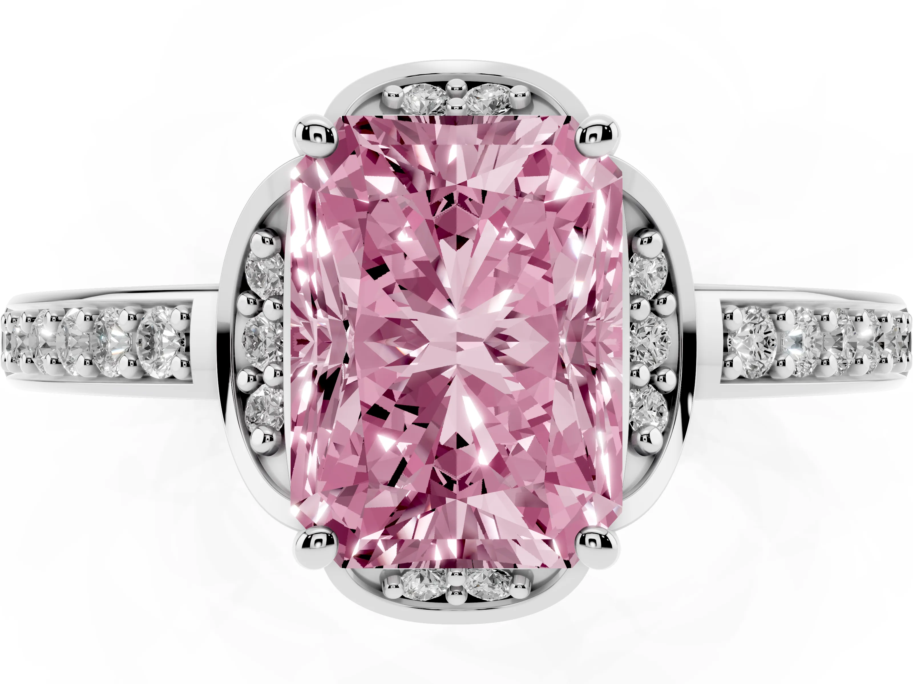 Fancy Pink Radiant Cut Diamond Halo Ring Set in Platinum with Channel Set Band and Prong Setting