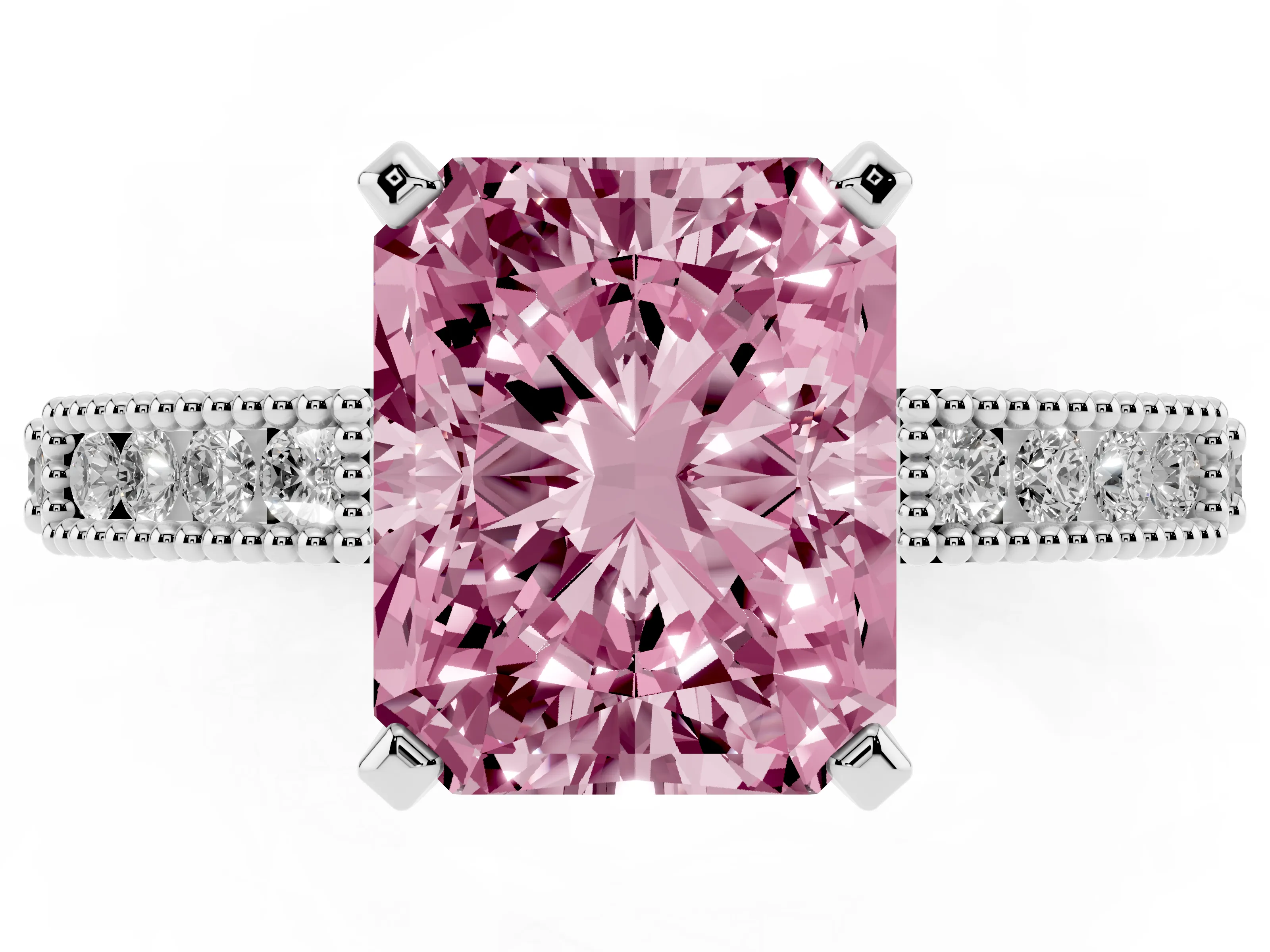 Fancy Pink Radiant Cut Diamond Solitaire Ring Set in Silver with Slim Pavé Band and Prong Setting