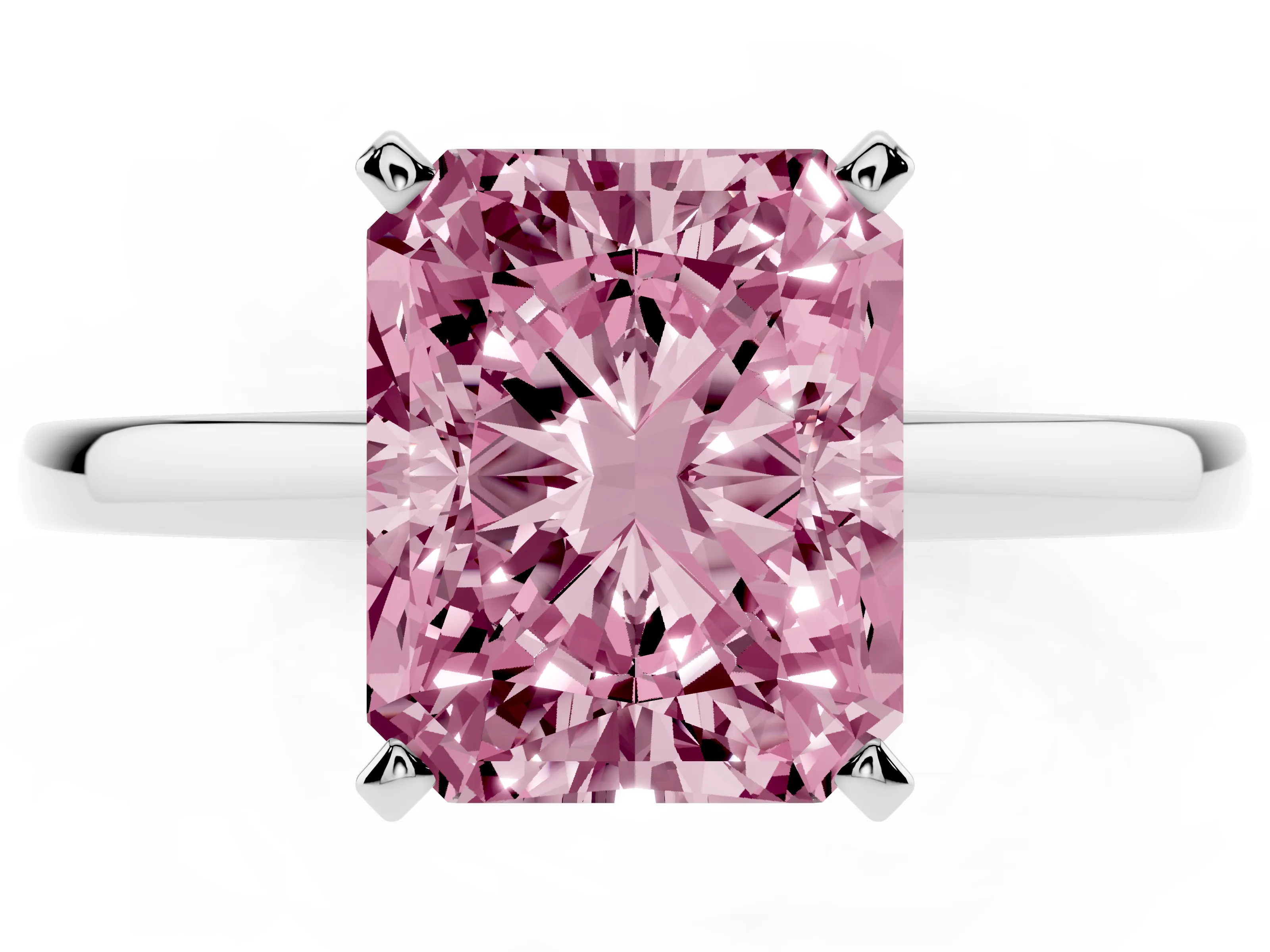 Fancy Pink Radiant Cut Diamond Solitaire Engagement Ring Set in Platinum with Prong Setting on a Classic Band