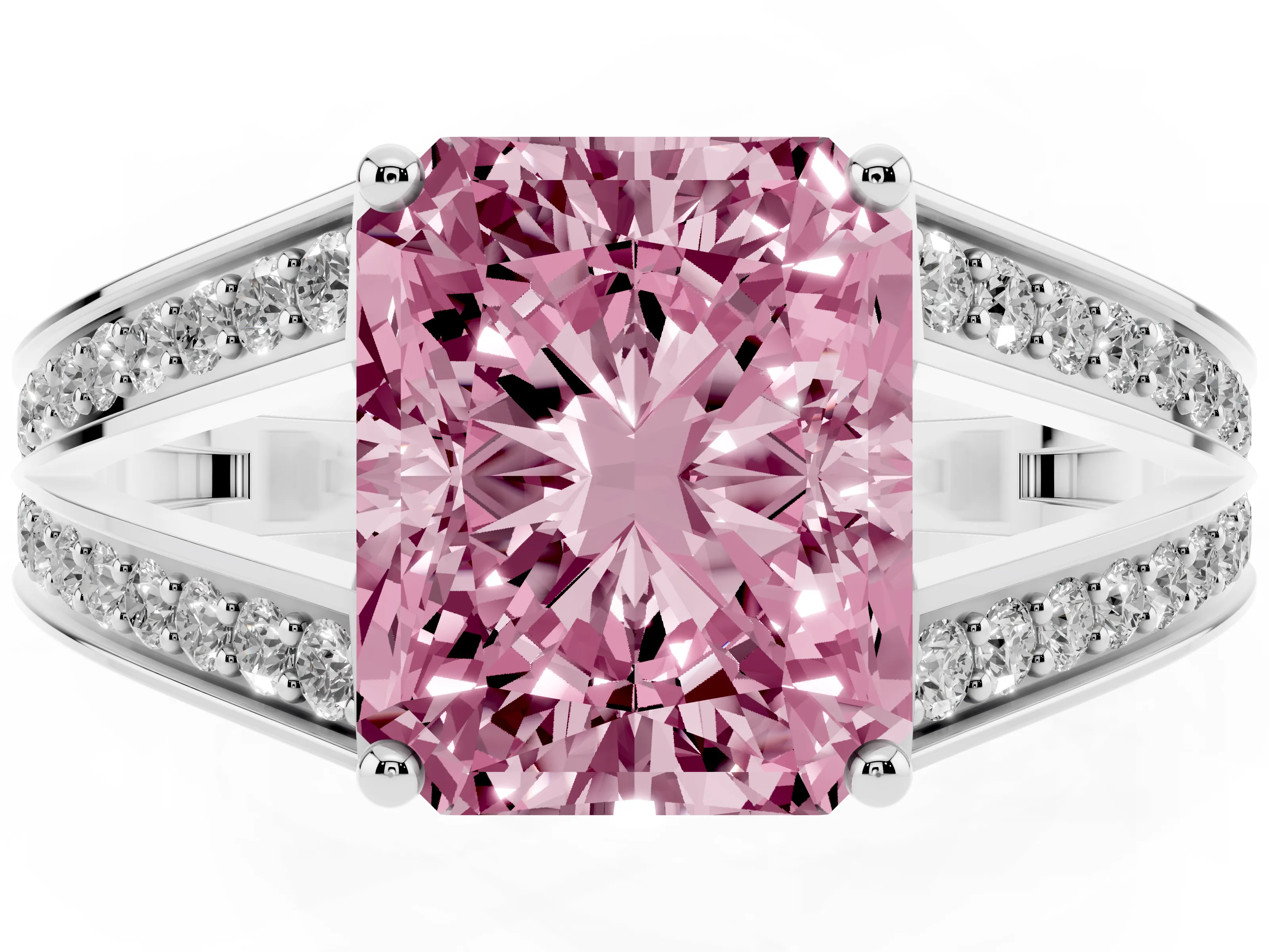 Fancy Pink Radiant Cut Diamond Split Shank Ring Set in Platinum with Pavé Band and Prong Setting