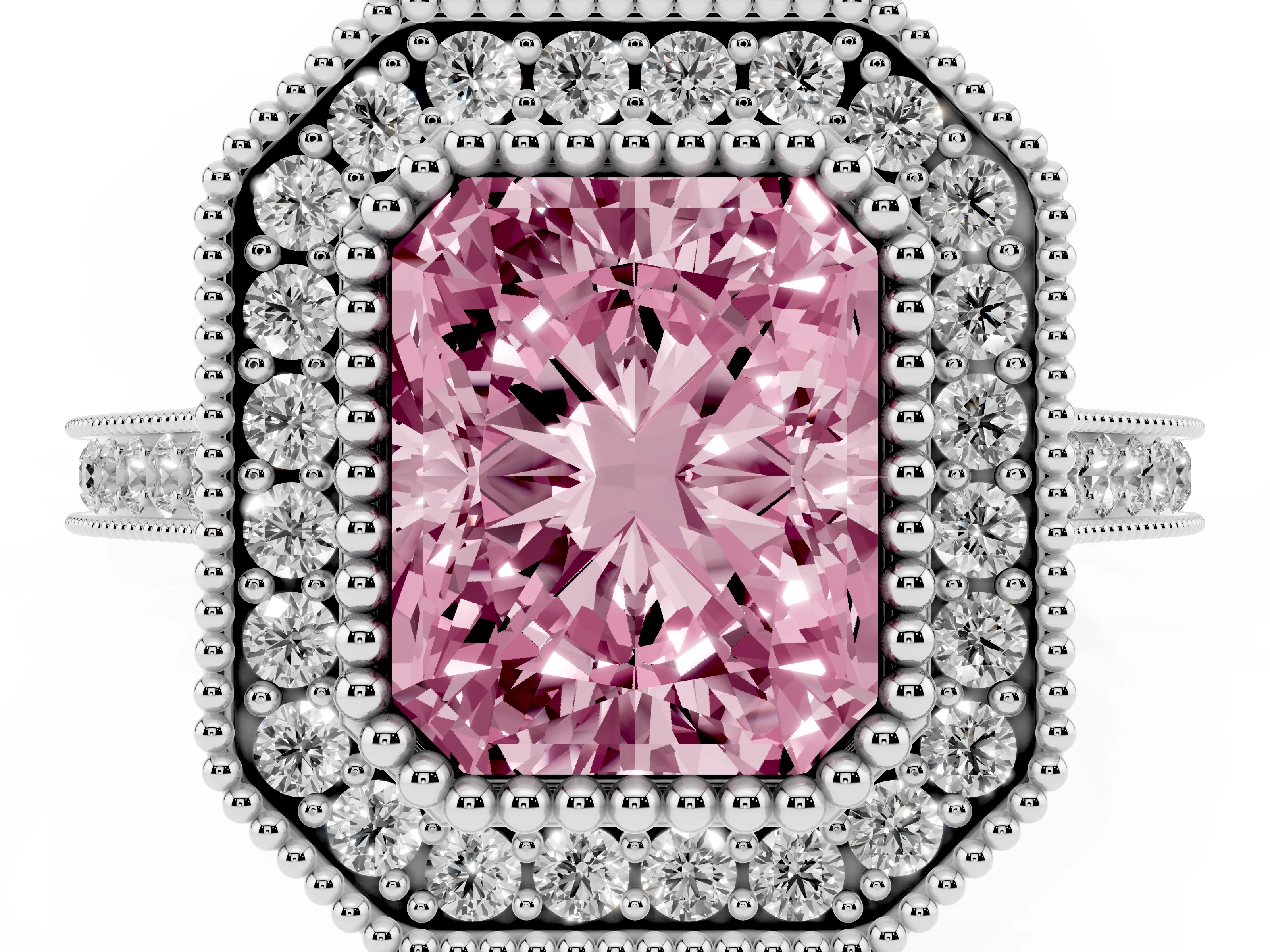 Fancy Pink Radiant Cut Diamond Halo Ring Set in White gold with Milgrain Frame and Pavé Band