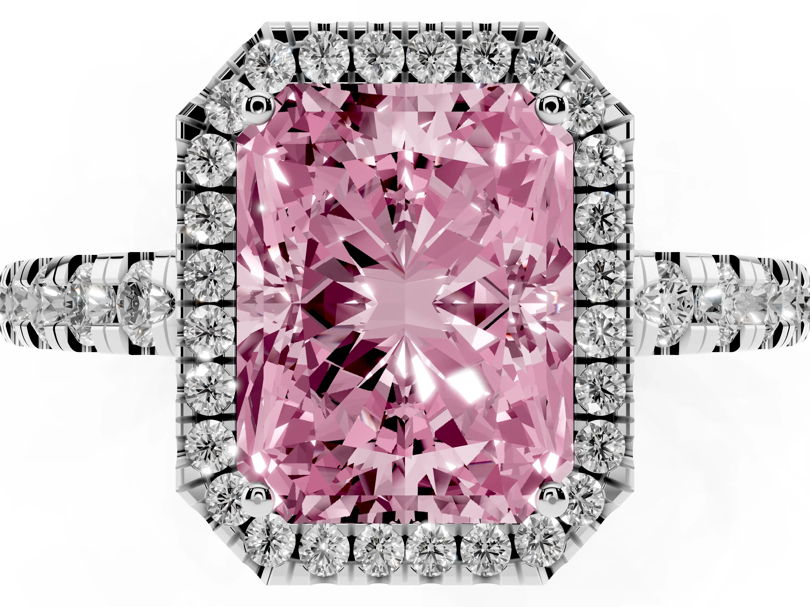 Fancy Pink Radiant Cut Diamond Halo Ring Set in Platinum with Delicate Pavé Band and Prong Setting