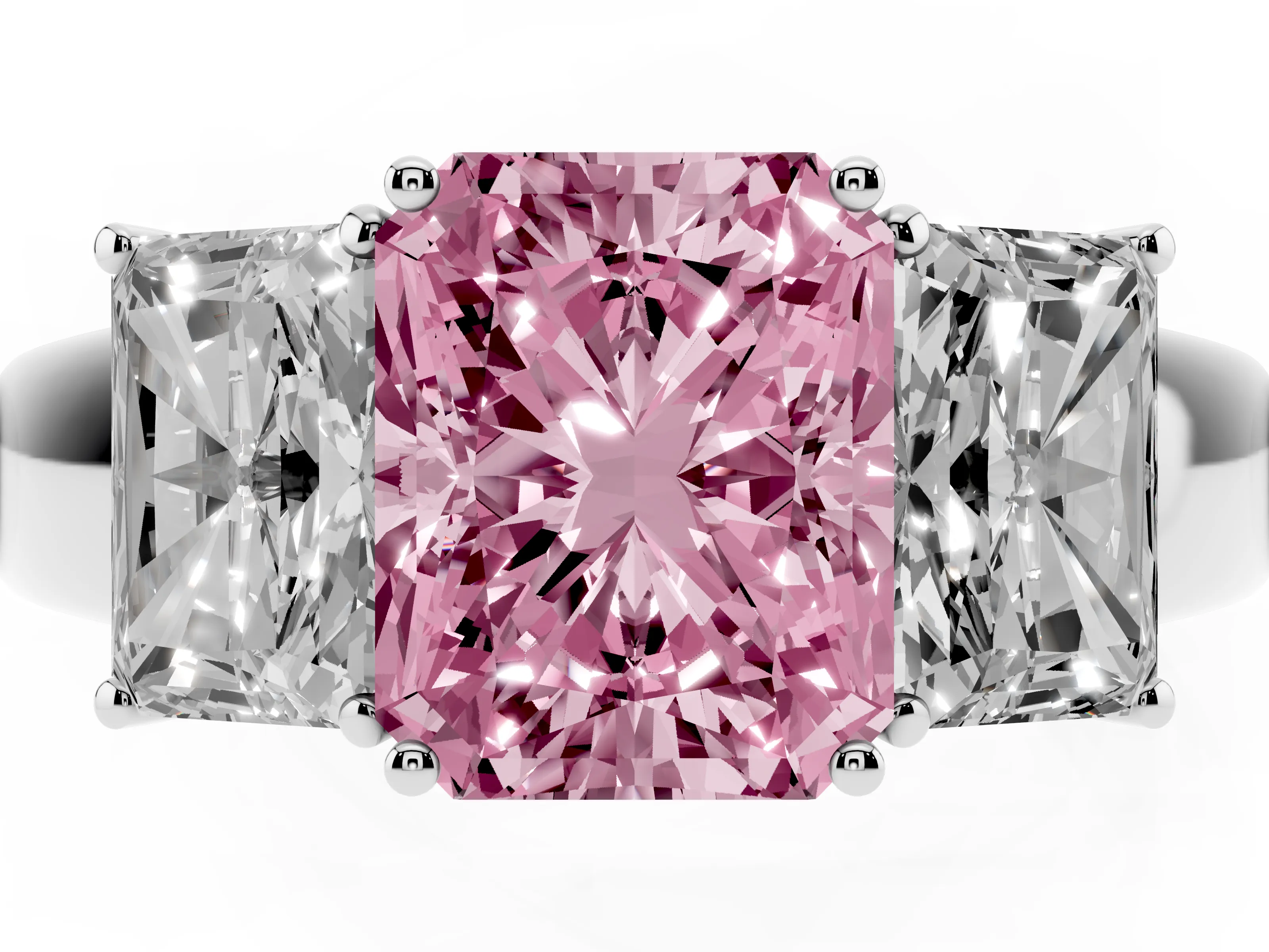 Fancy Pink Three-Stone Radiant Cut Diamond Ring Set in White gold with Matching Prong Settings and Plain Band