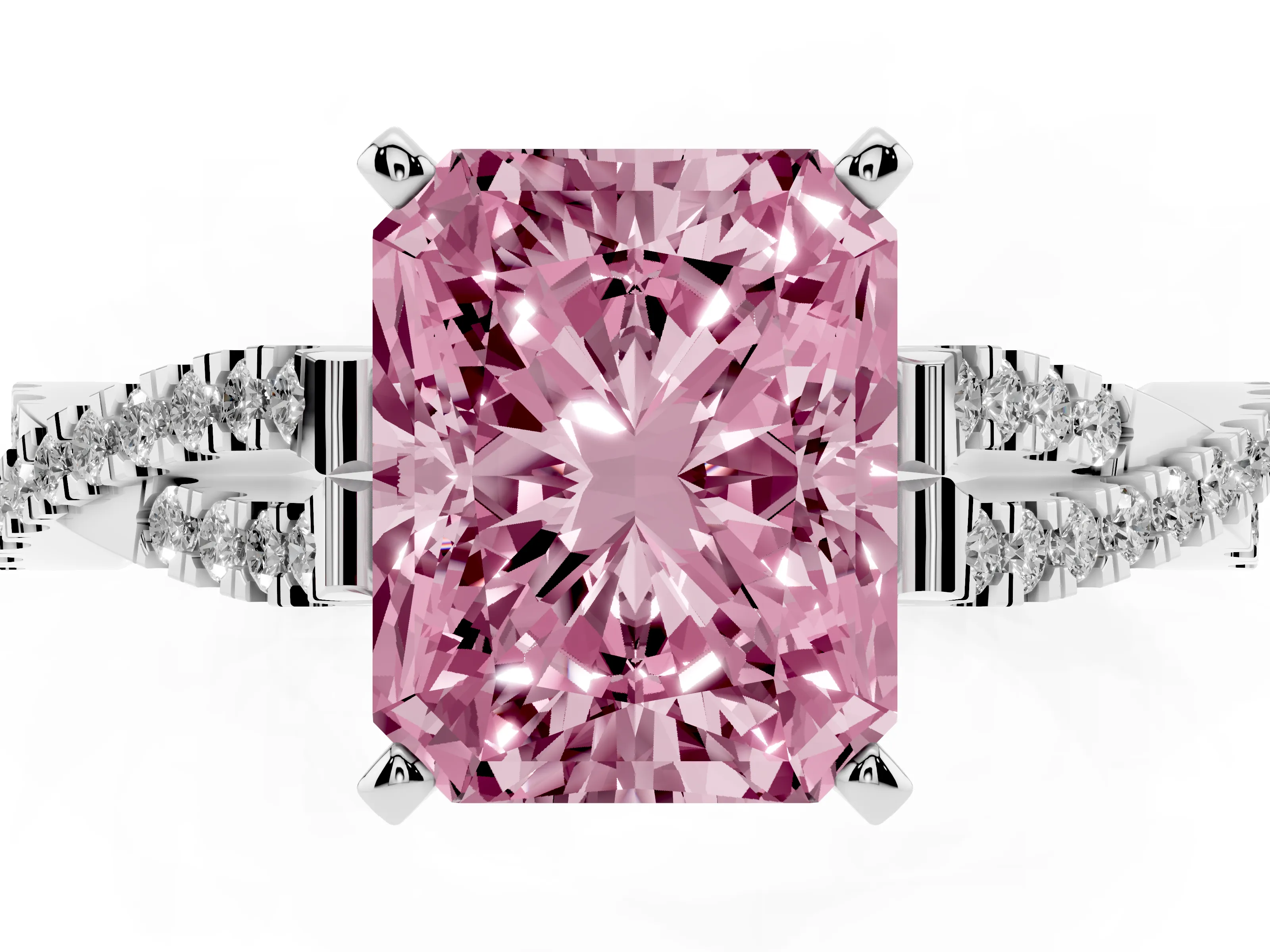 Fancy Pink Radiant Cut Diamond Solitaire Engagement Ring Set in Platinum with Twisted Pavé Band and Prong Setting
