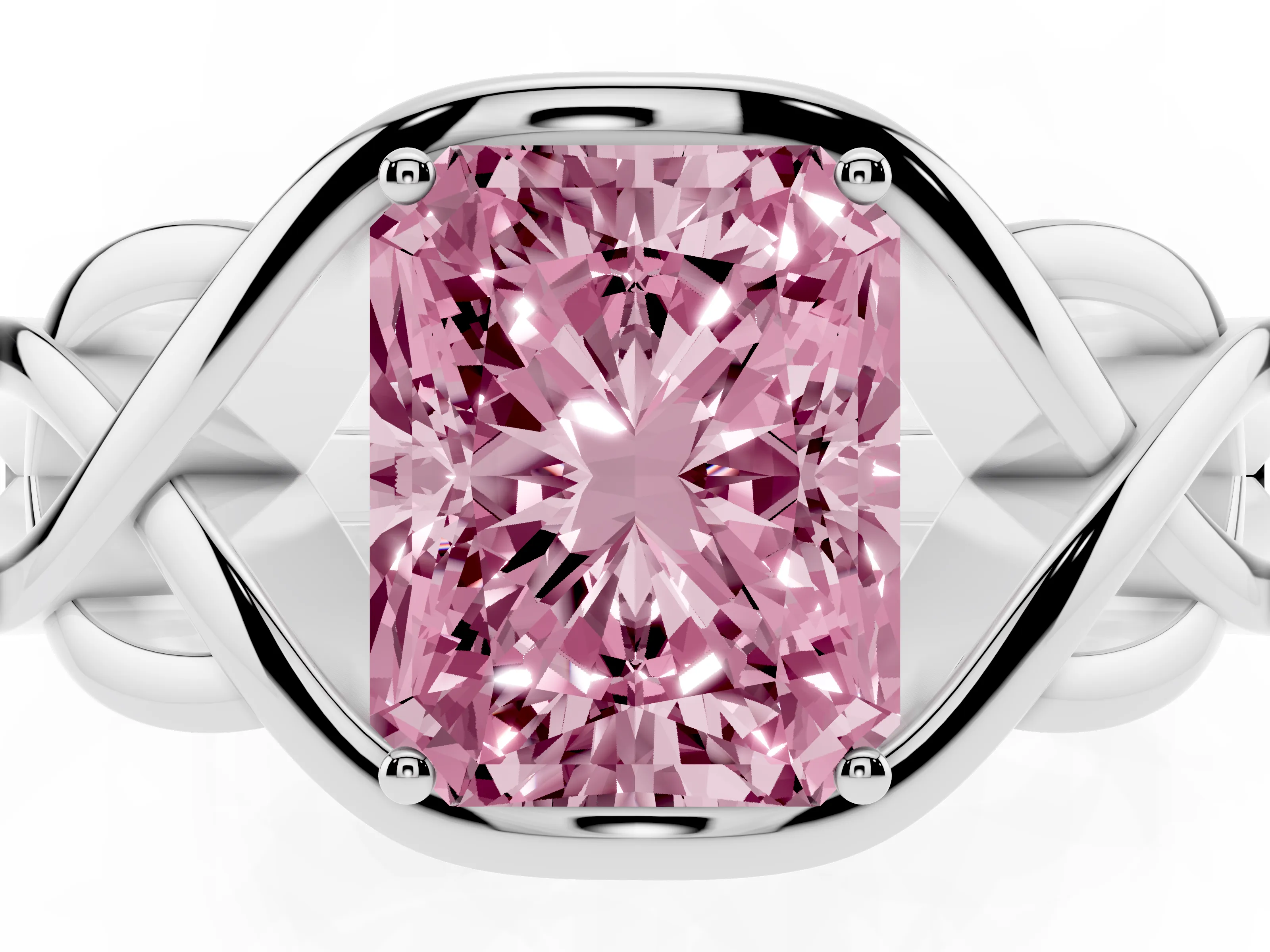 Fancy Pink Radiant Cut Diamond Solitaire Ring Set in White gold with Intertwined Band