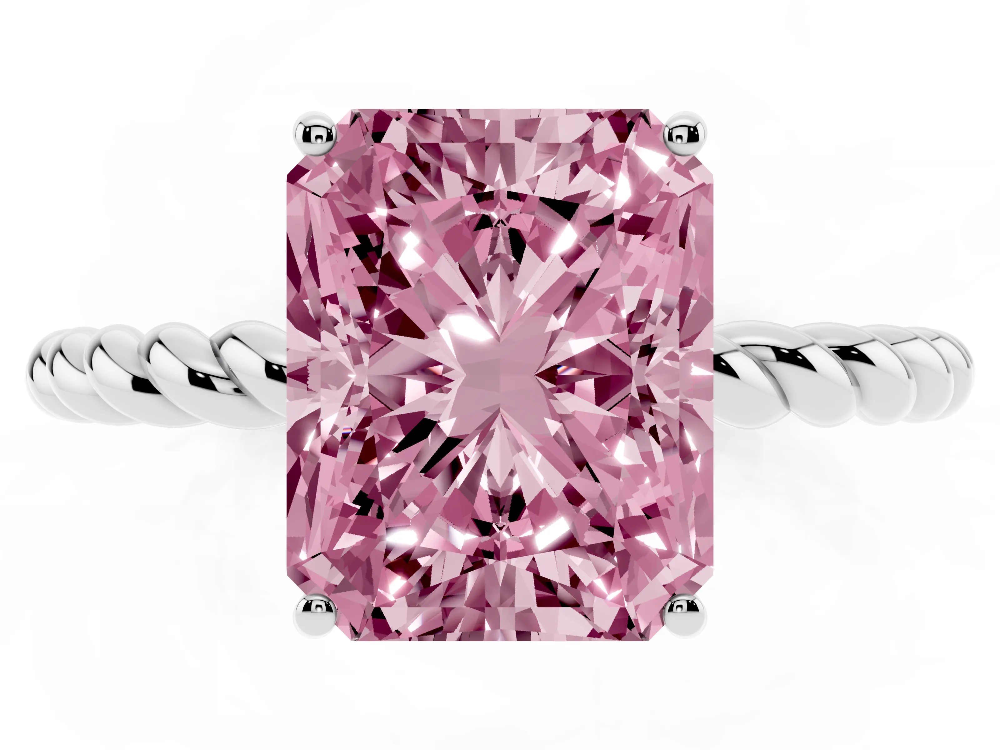 Fancy Pink Radiant Cut Diamond Solitaire Ring Set in White gold with Twist Band and Prong Setting