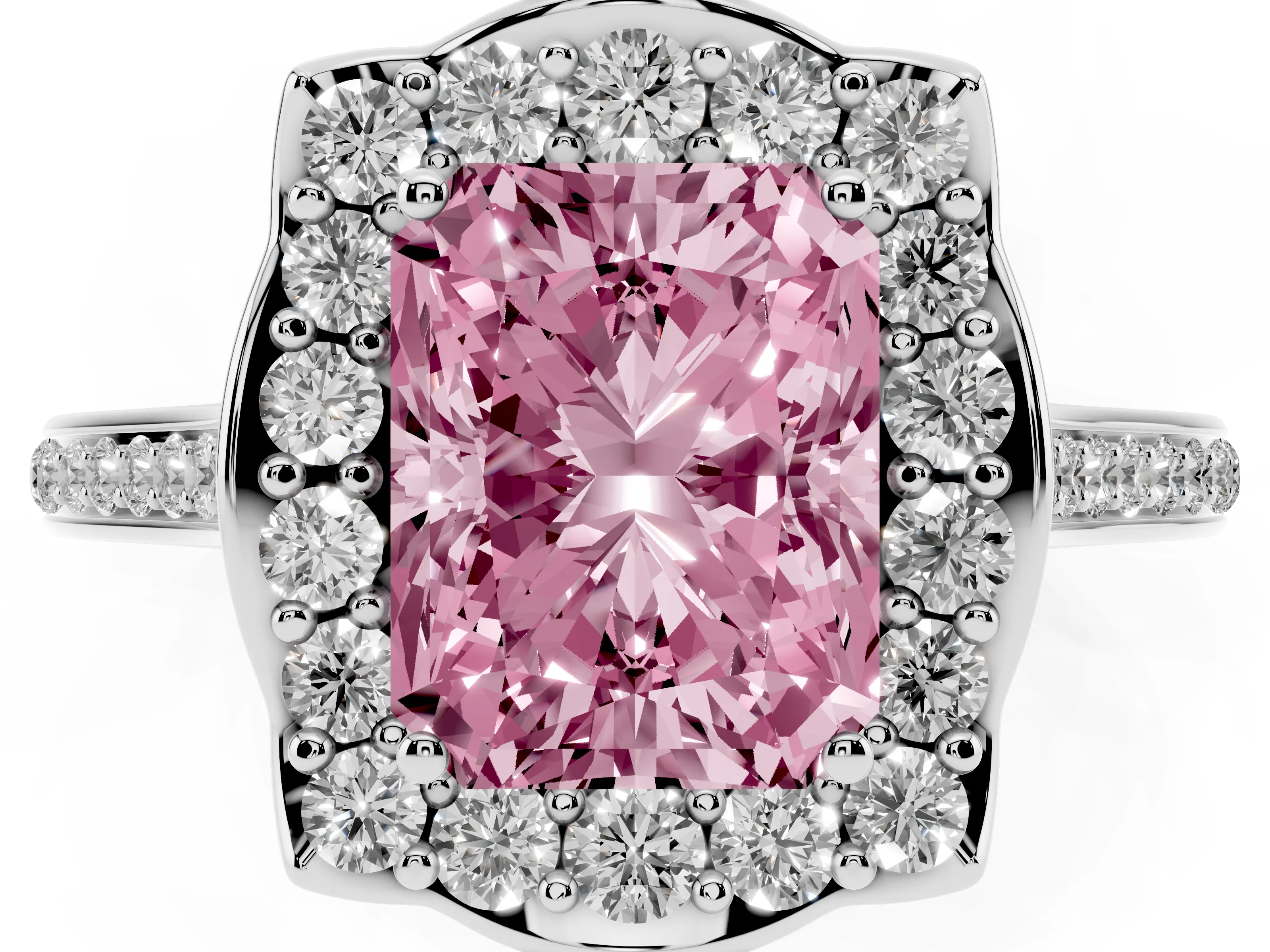 Fancy Pink Radiant Cut Diamond Halo Ring Set in Platinum with Pavé-Lined Shoulders and Prong Setting