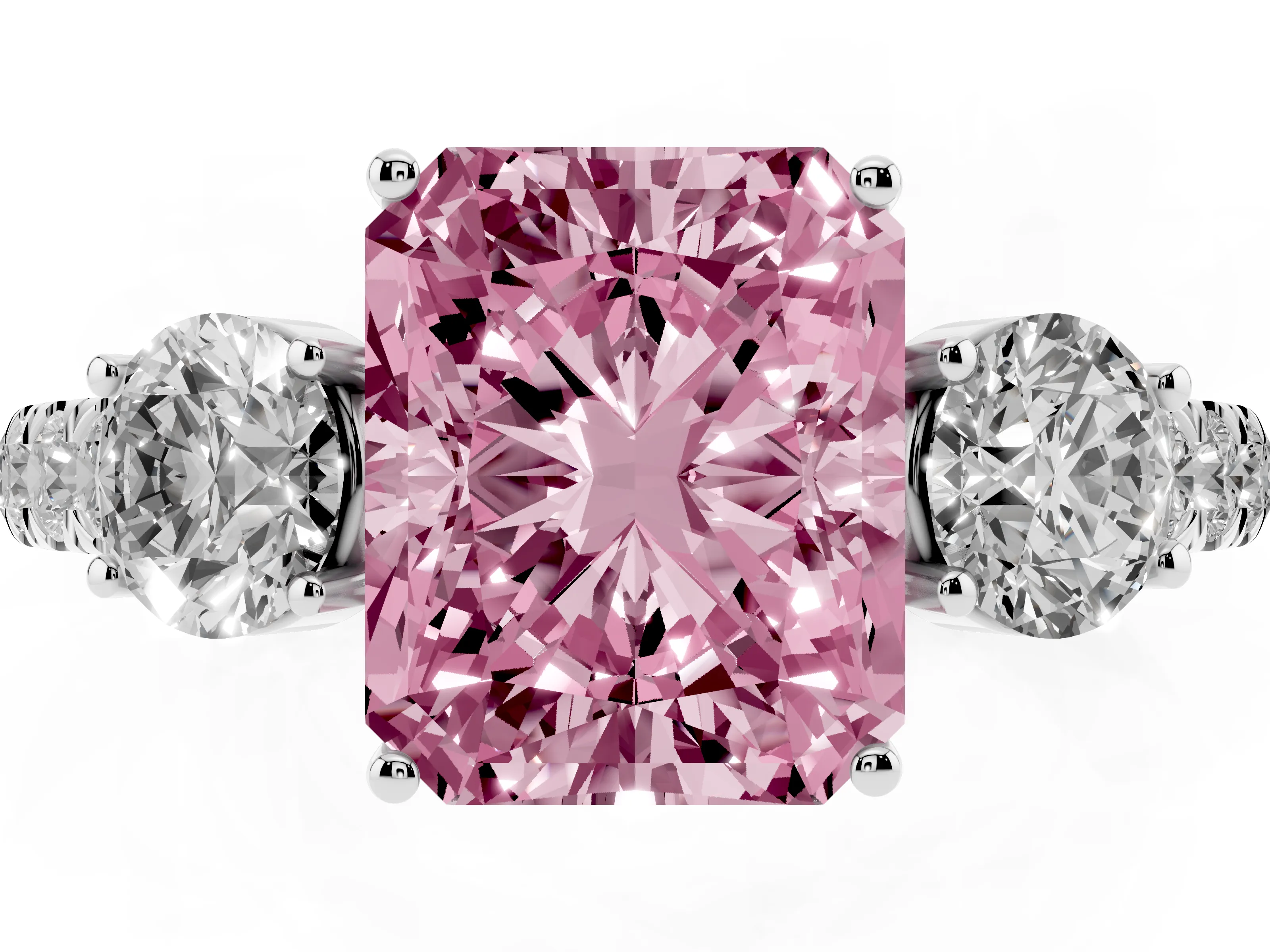 Fancy Pink Radiant Cut Diamond Three-Stone Ring Set in Silver with Round Side Stones and Delicate Pavé Band