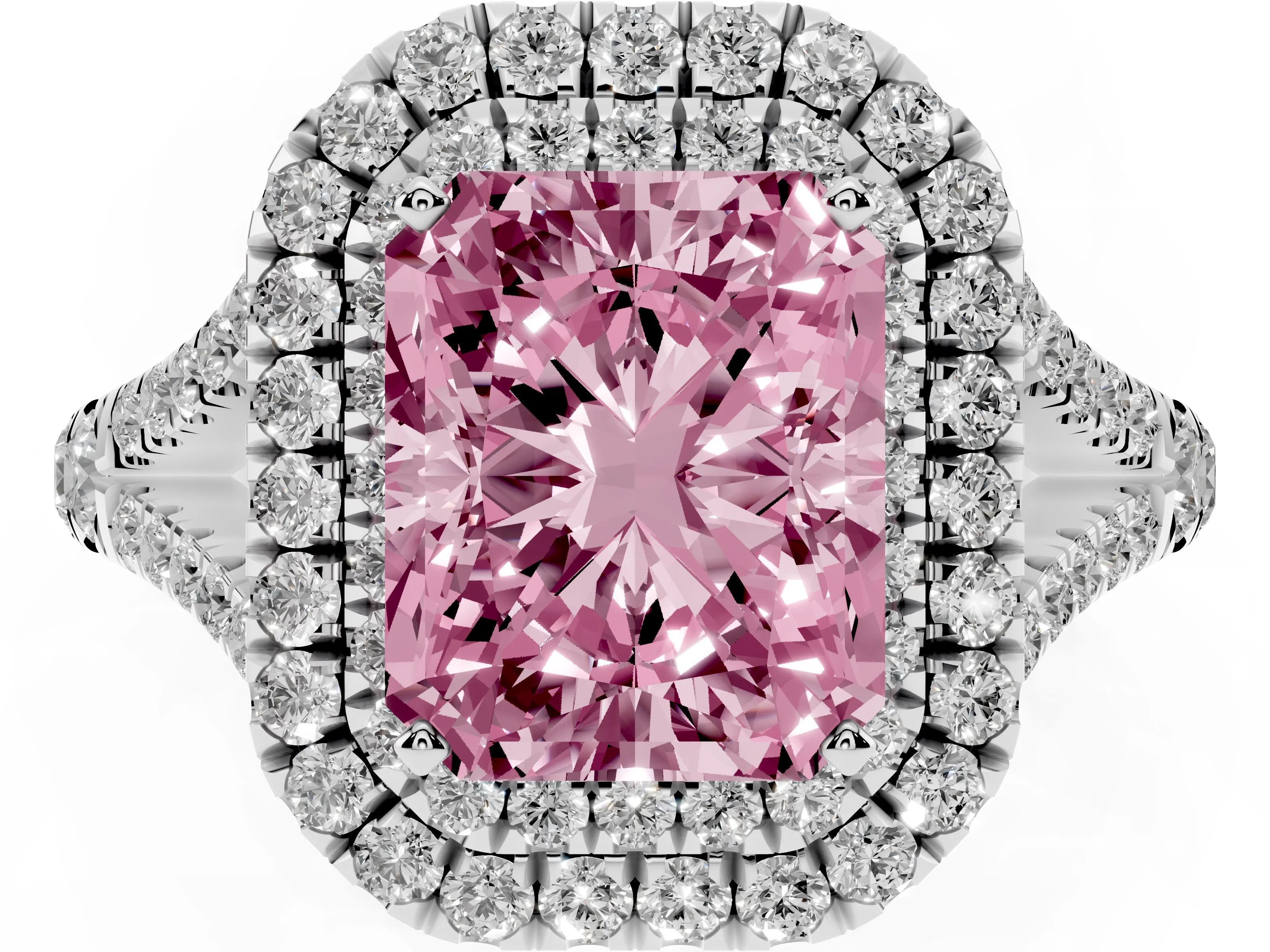 Fancy Pink Radiant Cut Diamond Pavé Split Shank Double Halo Engagement Ring Set in Silver