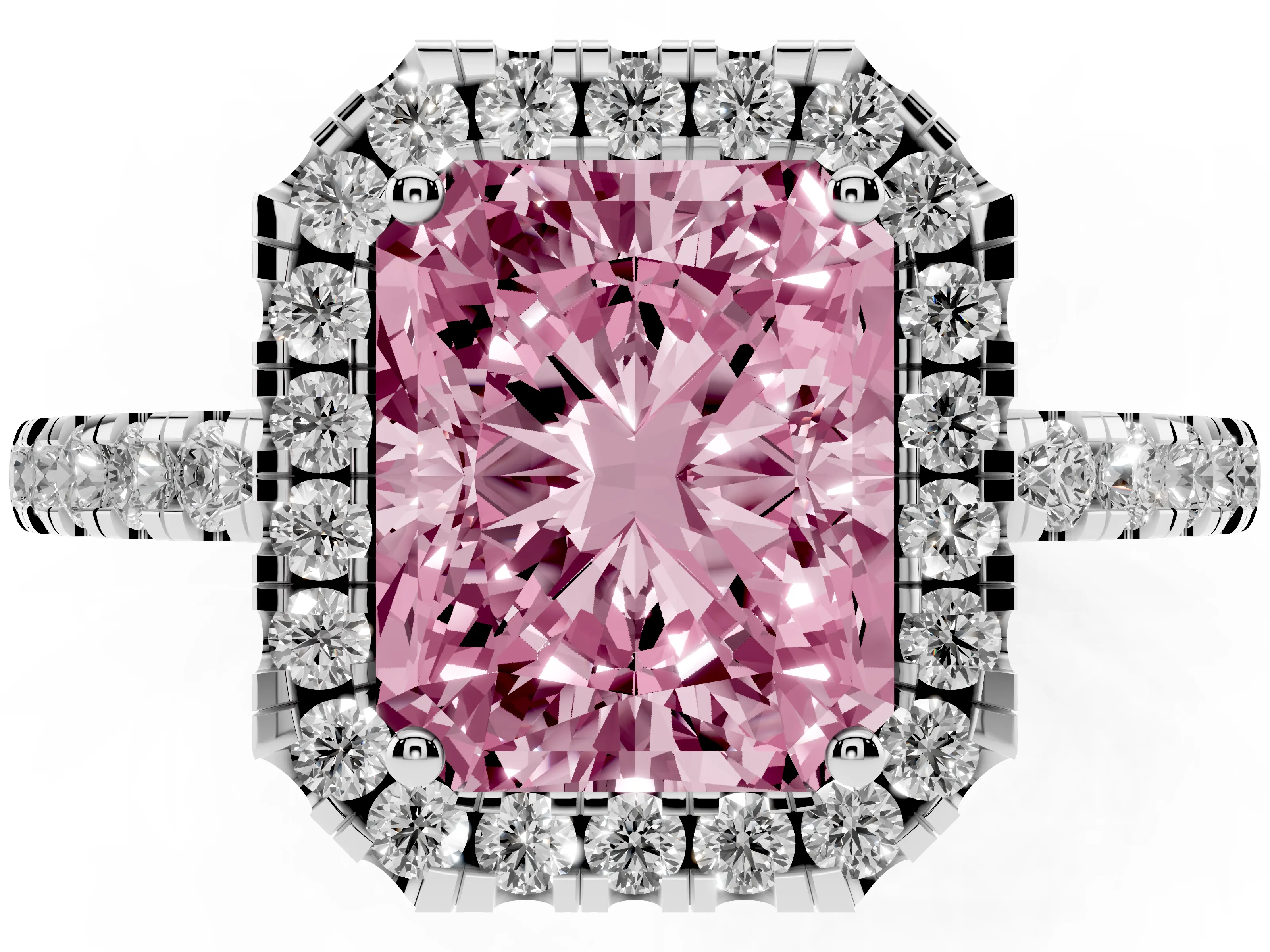 Fancy Pink Radiant Cut Diamond Pavé Band Halo Engagement Ring Set in Platinum with Prong Setting