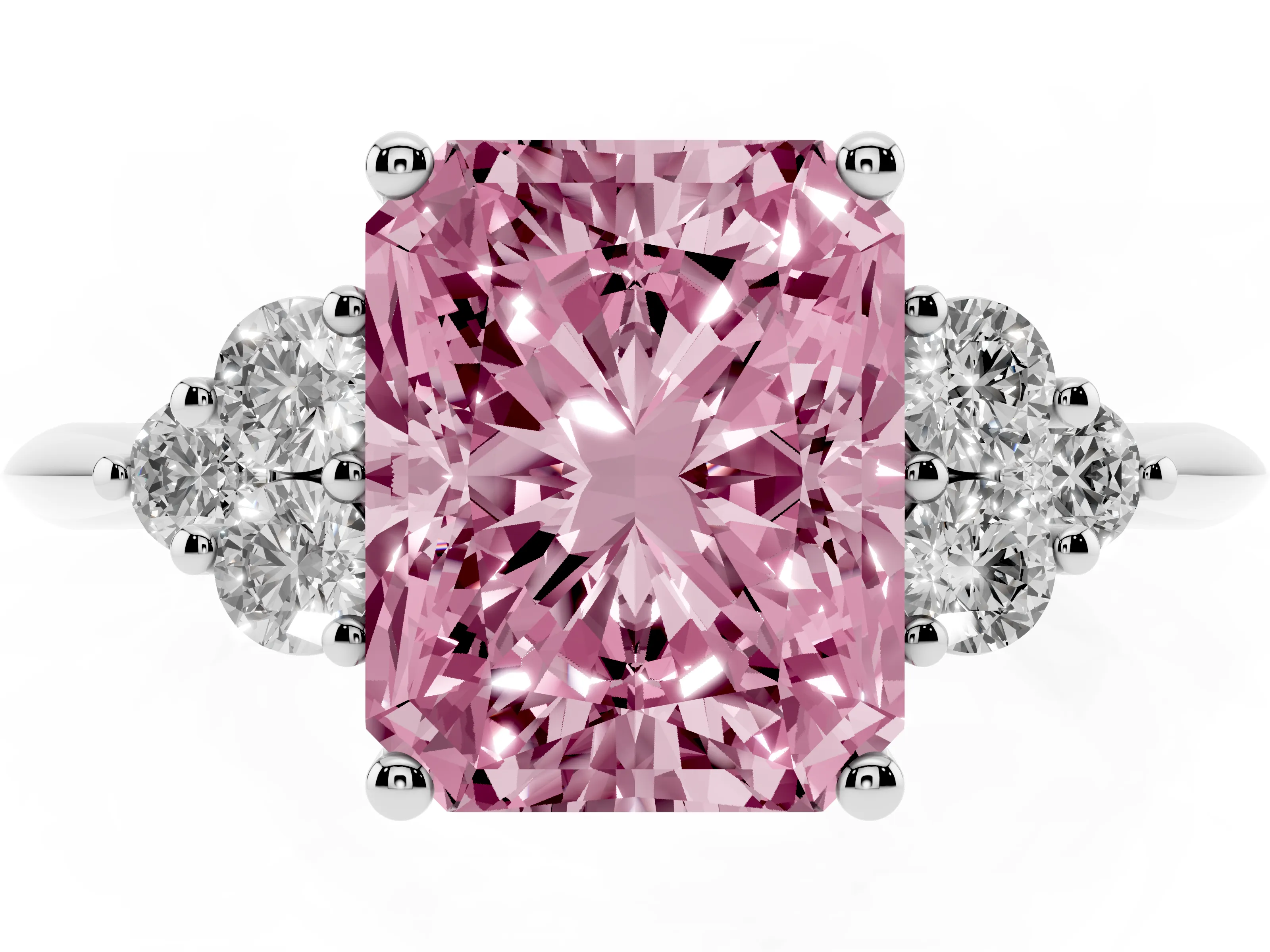 Fancy Pink Radiant Cut Diamond Cluster Ring Set in Silver with Plain Band and Prong Setting