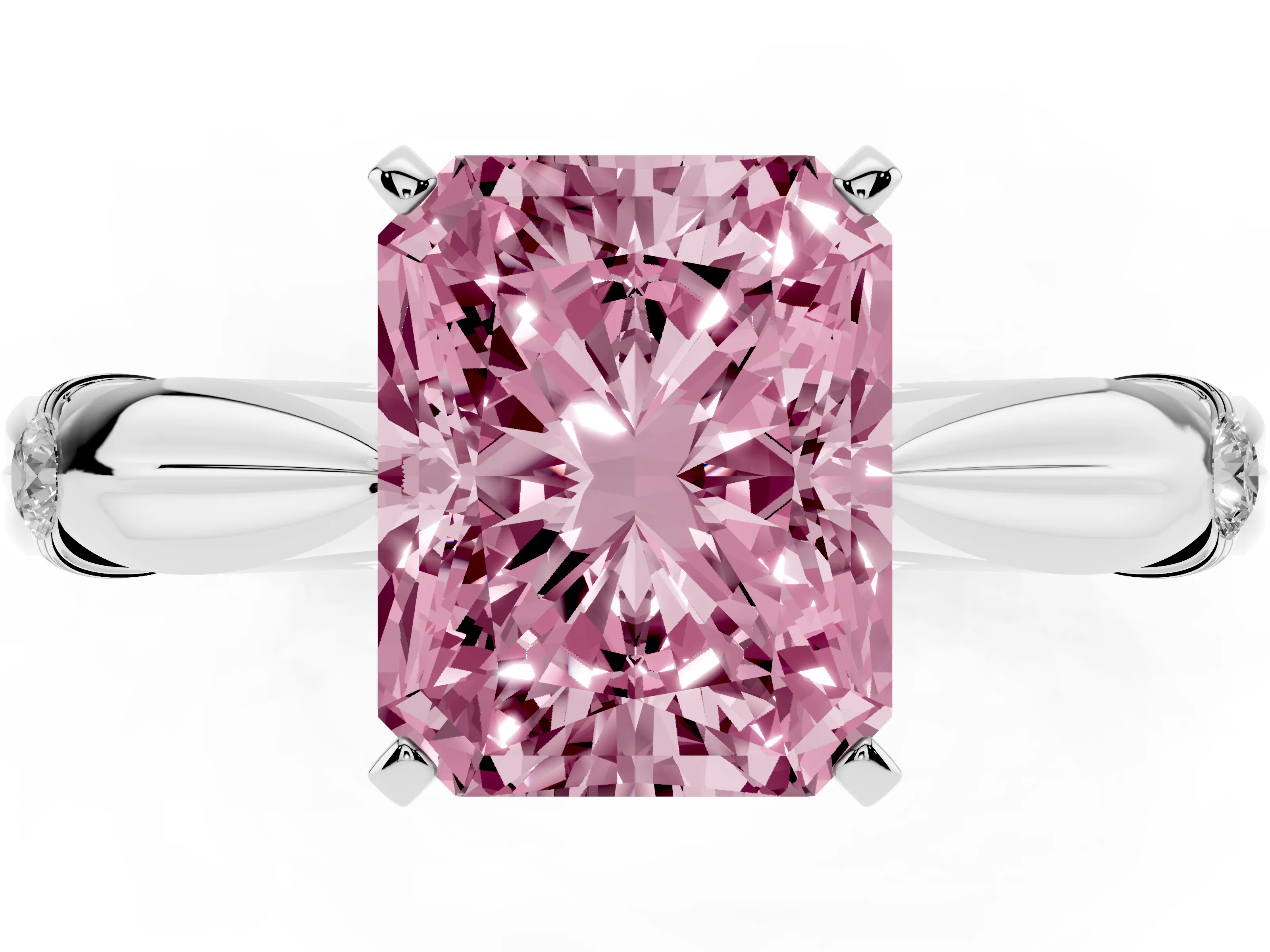 Fancy Pink Radiant Cut Diamond Solitaire Twisted Band Ring Set in Silver with Accent Stones and Prong Setting