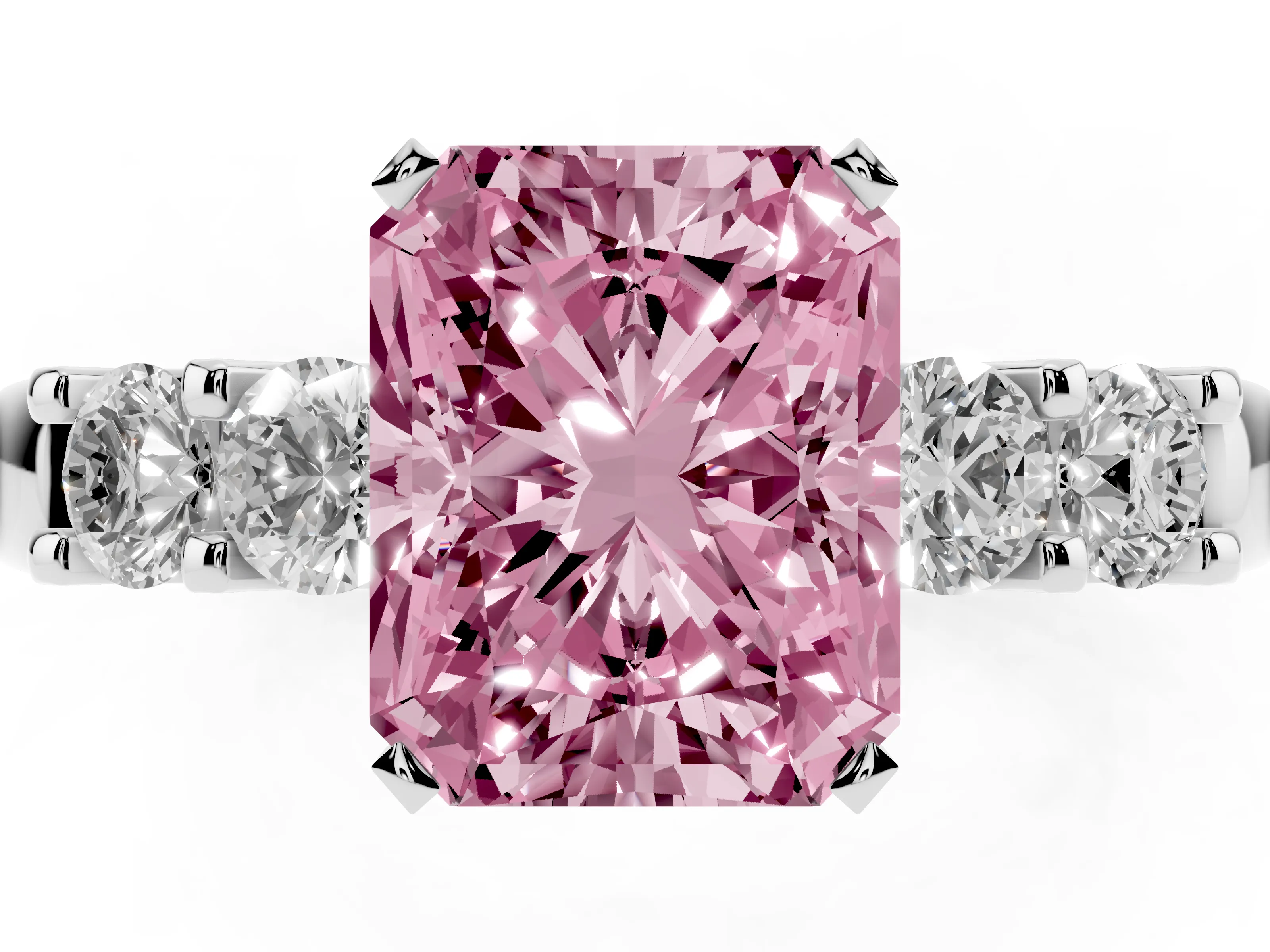 Fancy Pink Radiant Cut Diamond Five-Stone Prong Set Engagement Ring Set in Silver with Channel Band