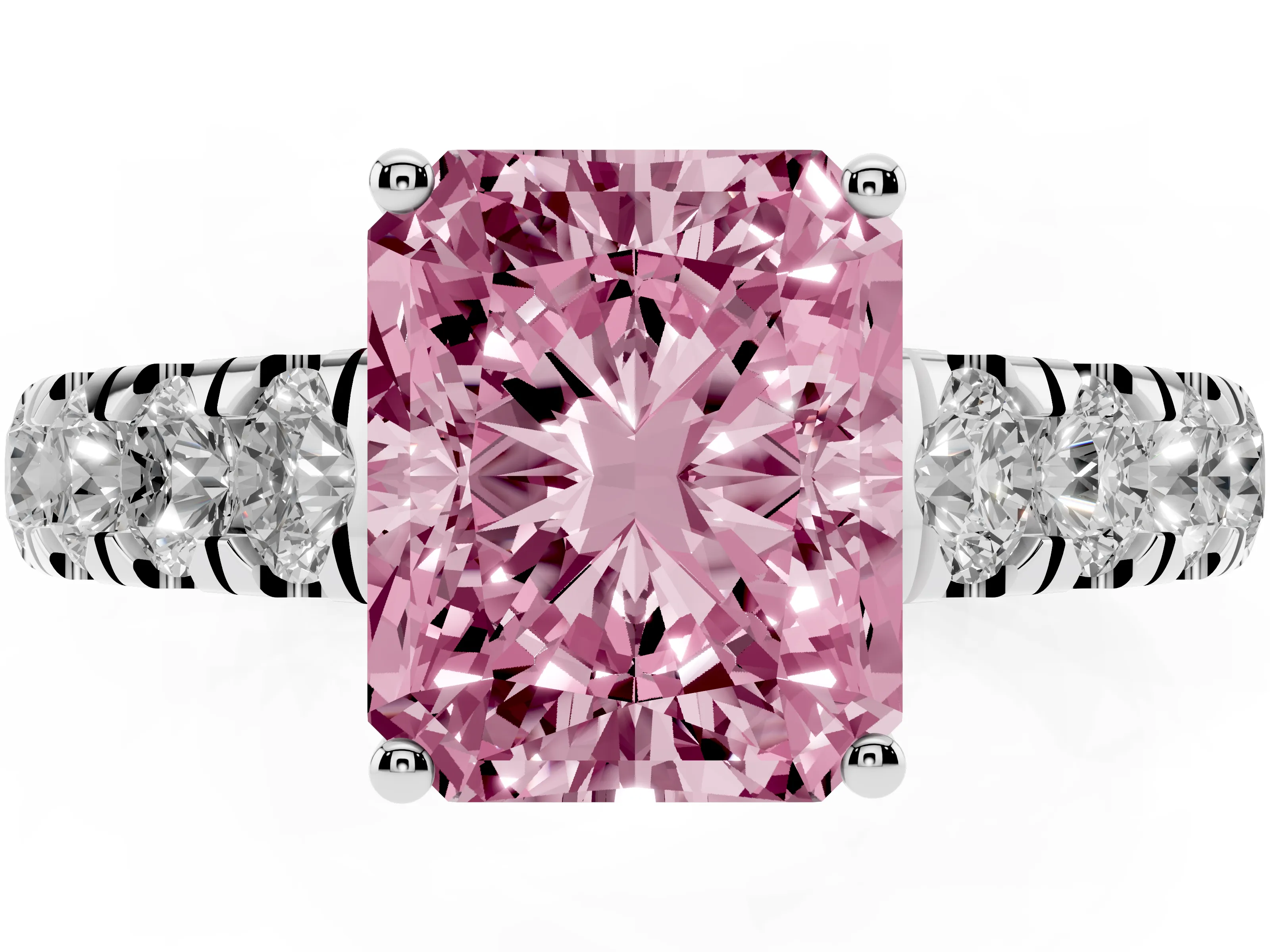 Fancy Pink Radiant Cut Diamond Solitaire Ring Set in Platinum with Cut-Down Micro Pavé Band and Prong Setting