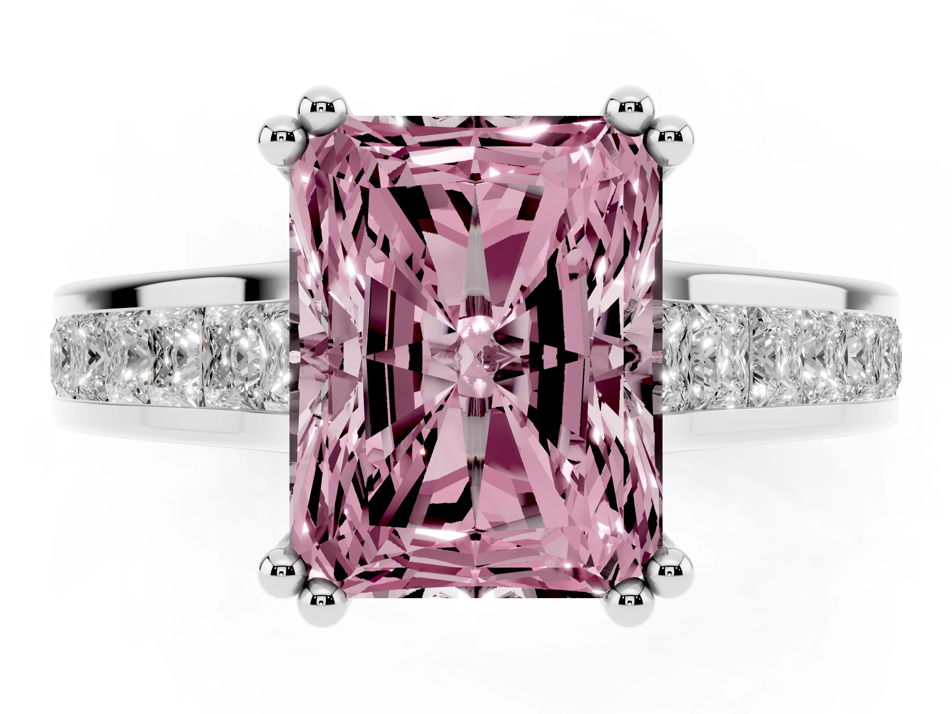 Fancy Pink Radiant Cut Diamond Channel Set Solitaire Engagement Ring Set in Platinum with Prong Setting