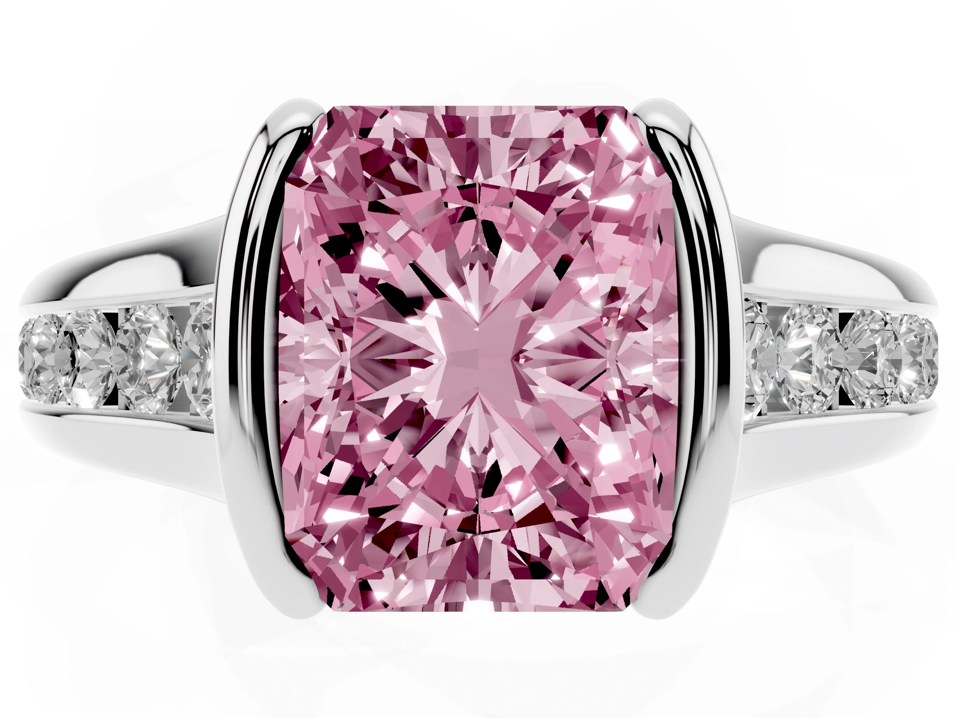 Fancy Pink Radiant Cut Diamond Bezel-Set Solitaire Ring Set in White gold with Channel-Set Band