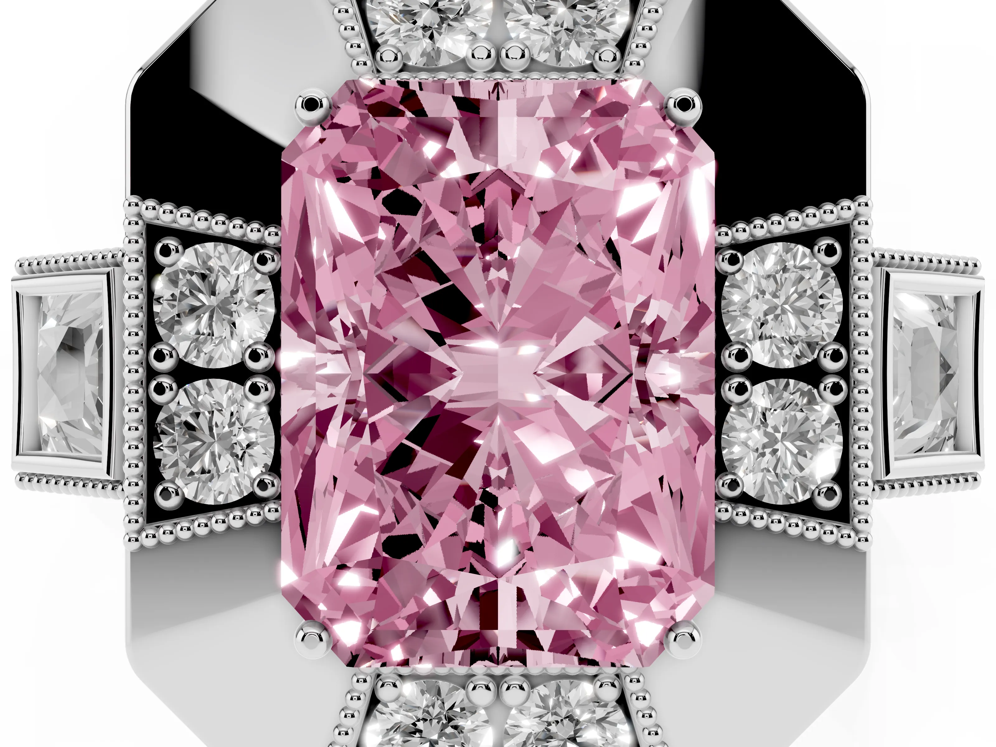 Fancy Pink Radiant Cut Diamond Milgrain Halo Ring Set in Silver with Split Shank