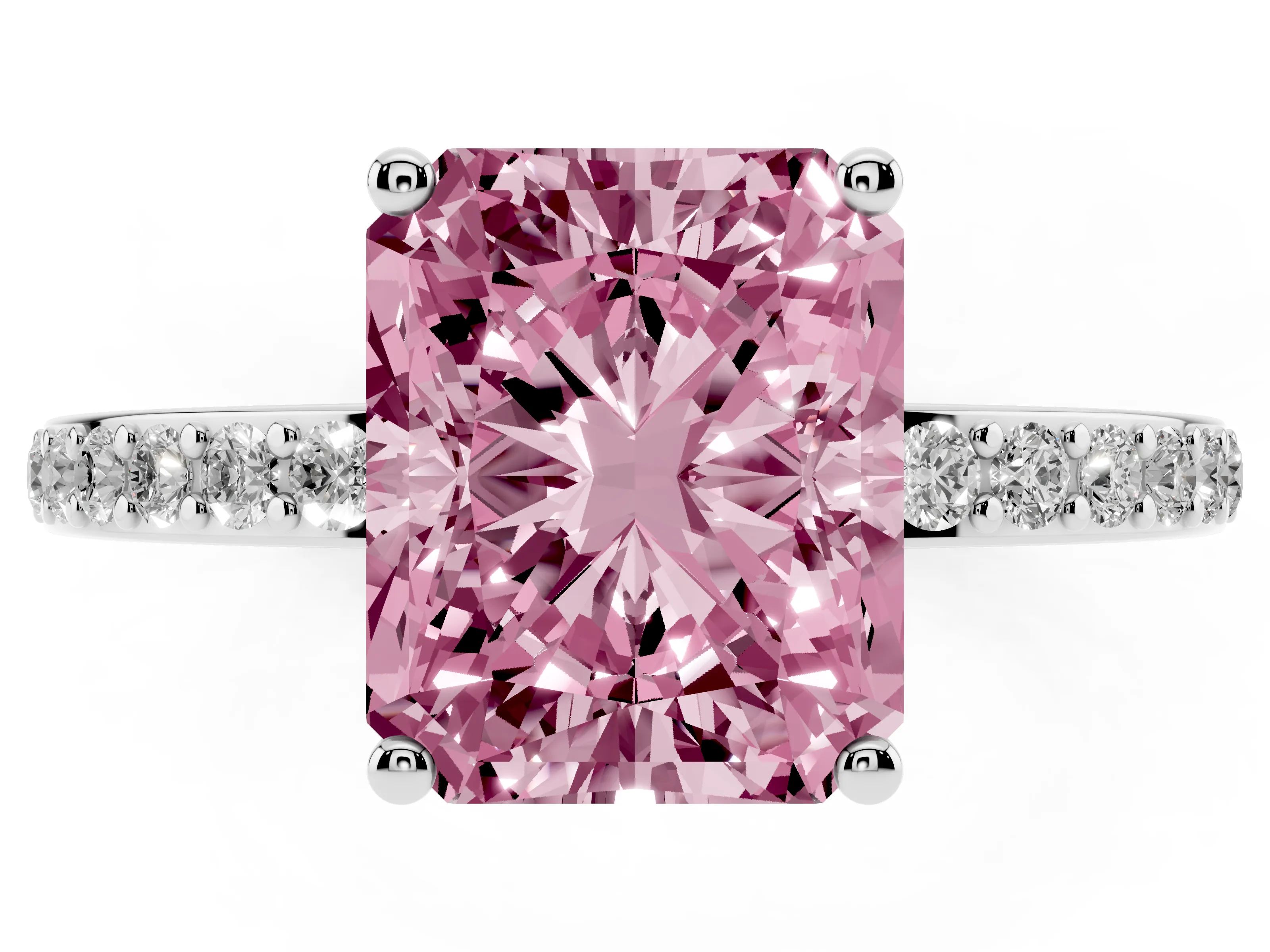 Fancy Pink Radiant Cut Diamond Pavé Band Ring Set in Platinum with Prong-Set Center Stone