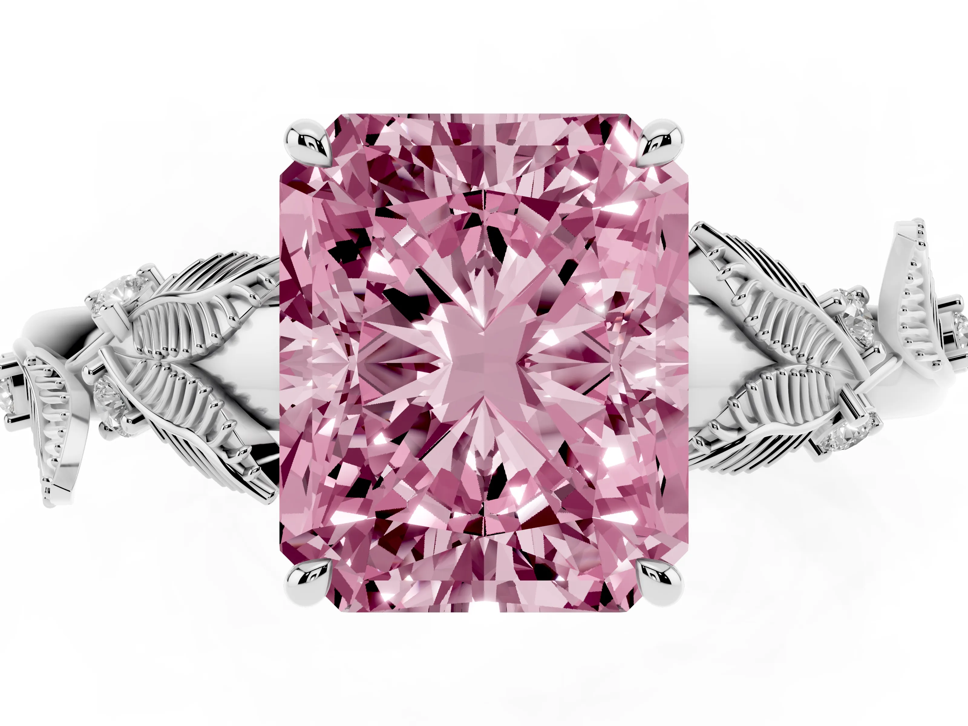Fancy Pink Radiant Cut Diamond Solitaire Ring Set in White gold with Leaf Motif Band
