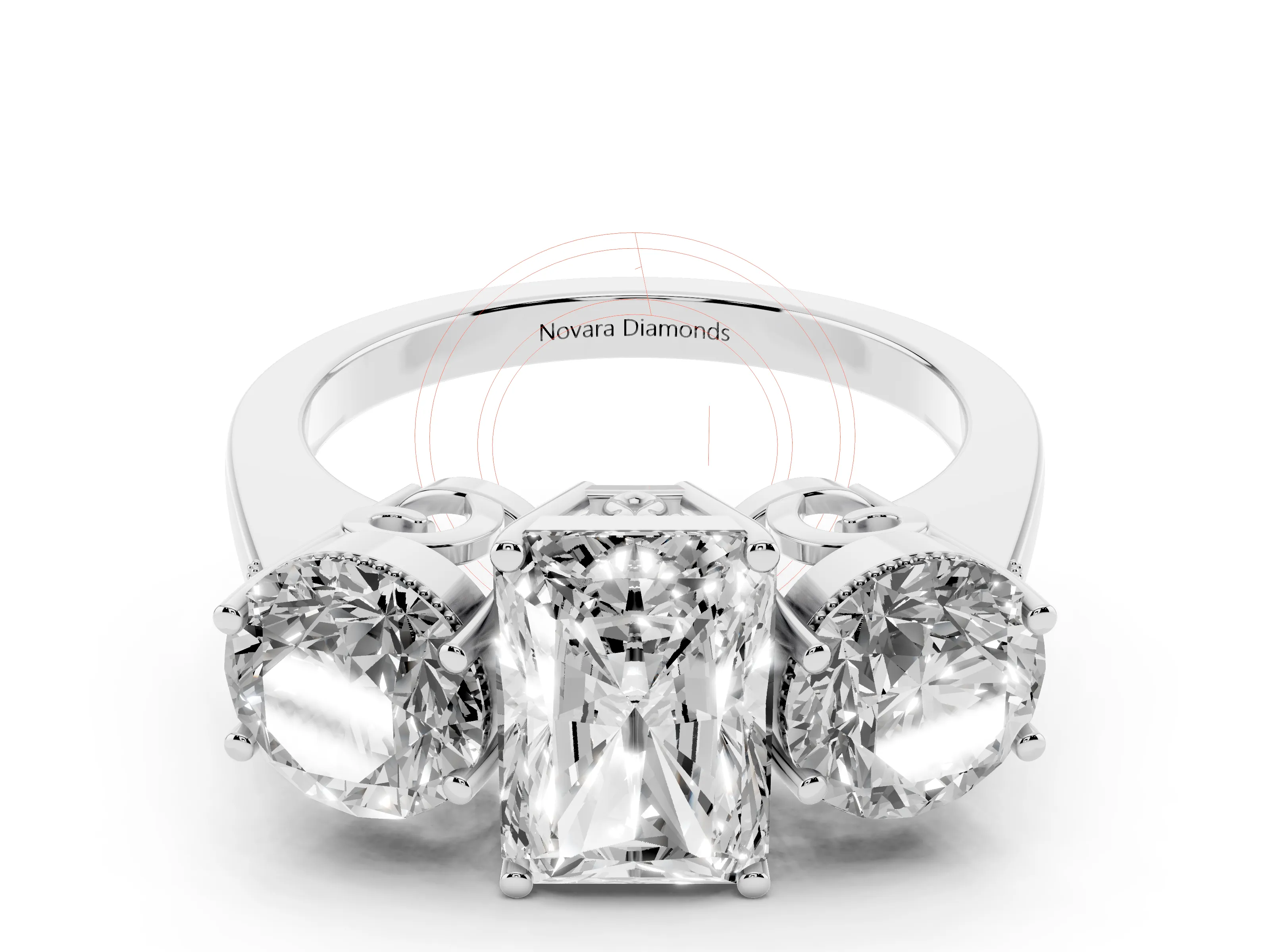 Radiant Cut Diamond Three-Stone Engagement Ring Set in White gold with Polished Band