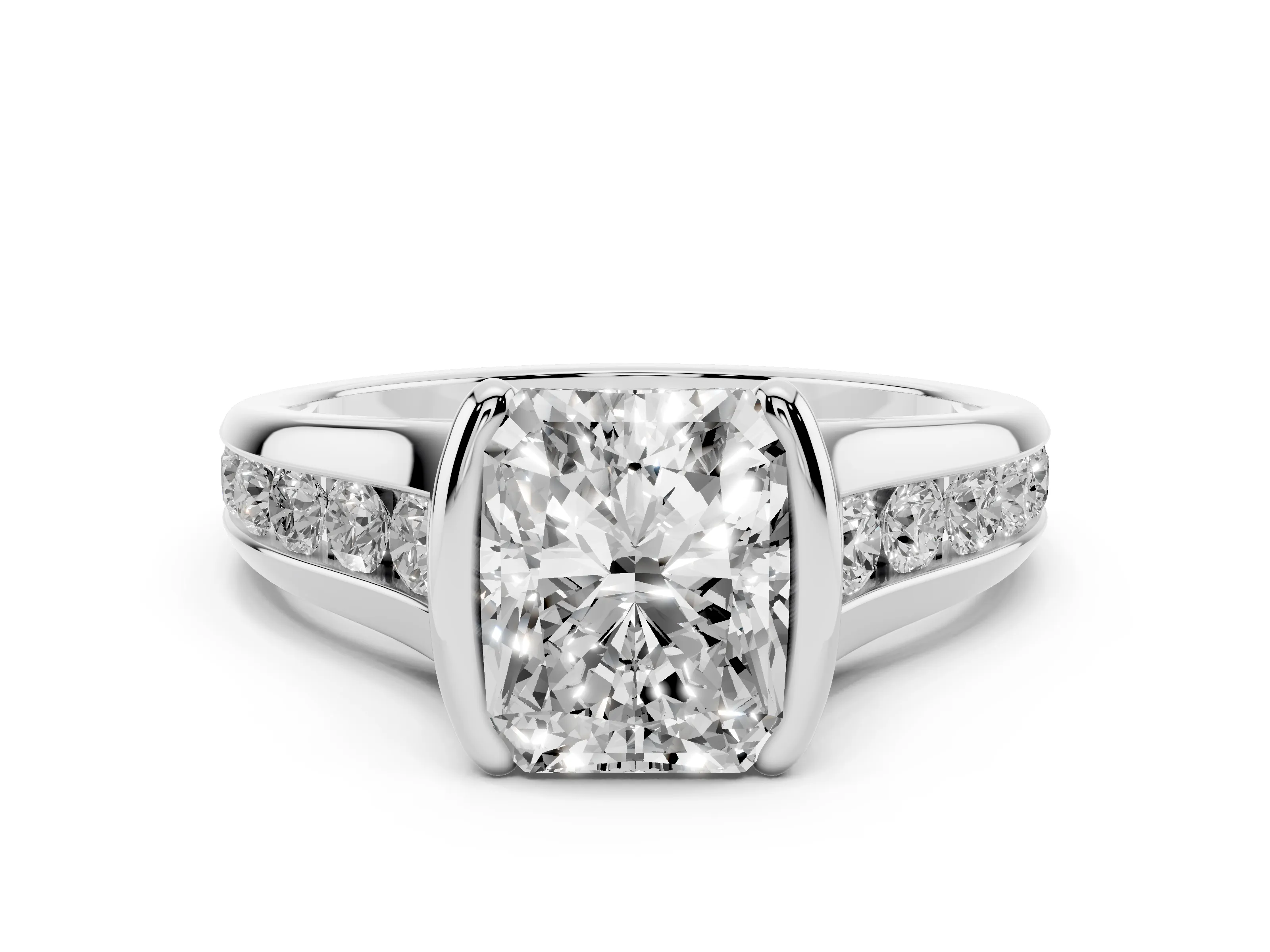 Radiant Cut Diamond Bezel-Set Solitaire Ring Set in White gold with Channel-Set Band
