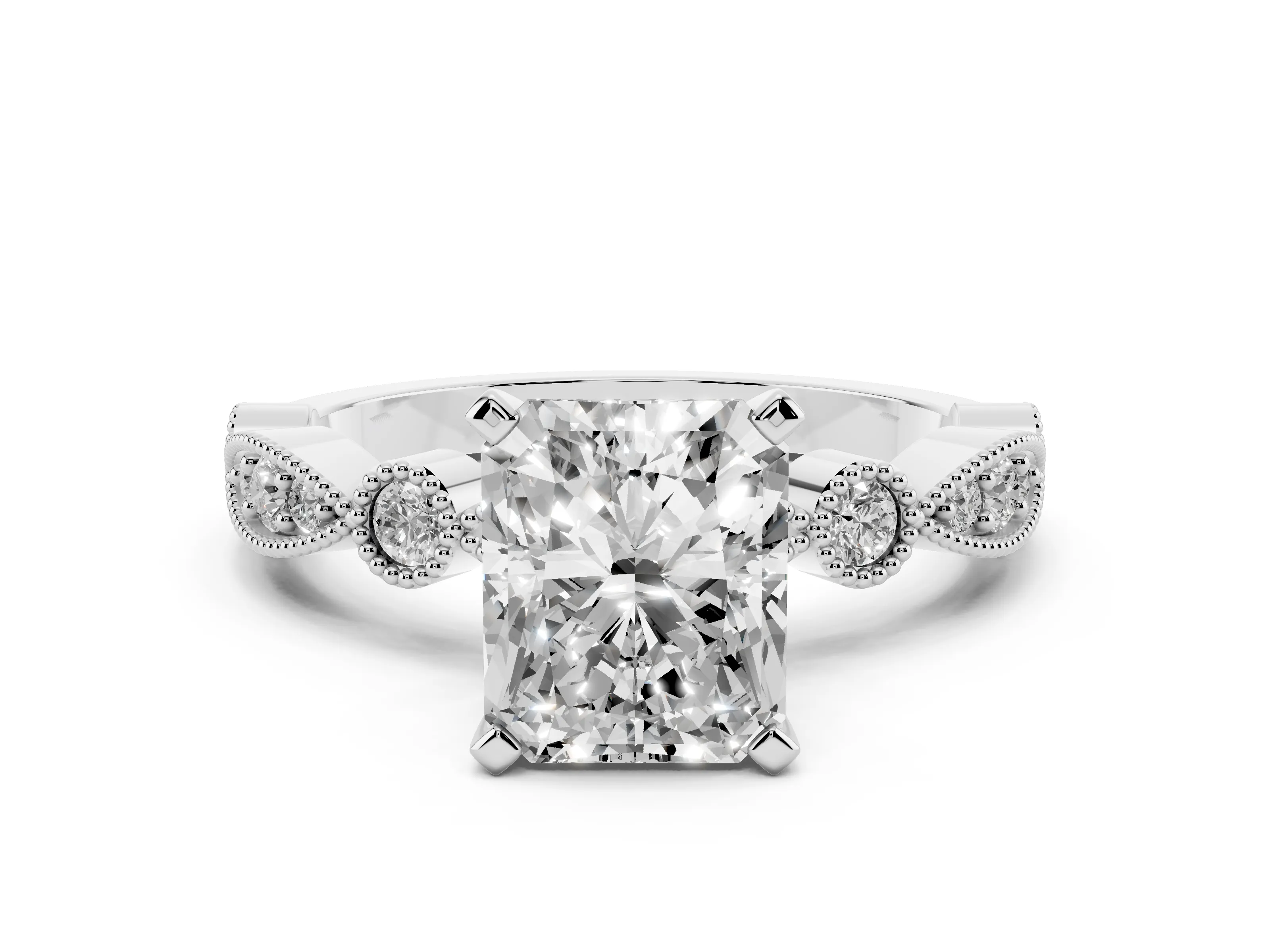 Radiant Cut Diamond Solitaire Engagement Ring Set in Silver with Milgrain Bezel Accent Band