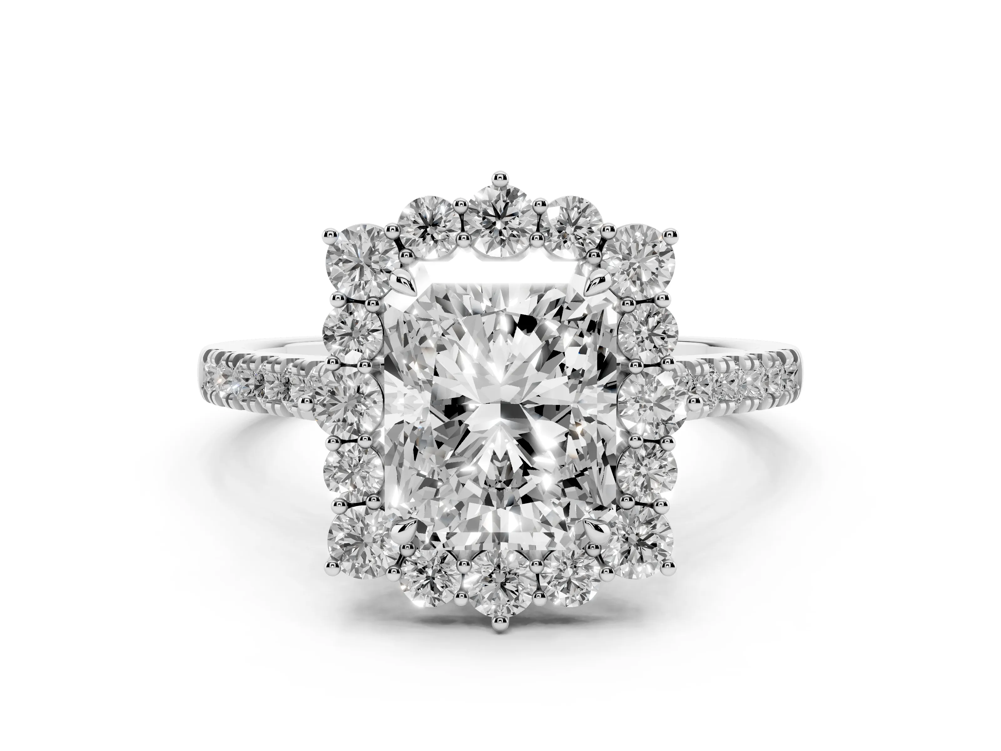 Radiant Cut Diamond Halo Ring Set in White gold with Pavé Band and Prong Setting