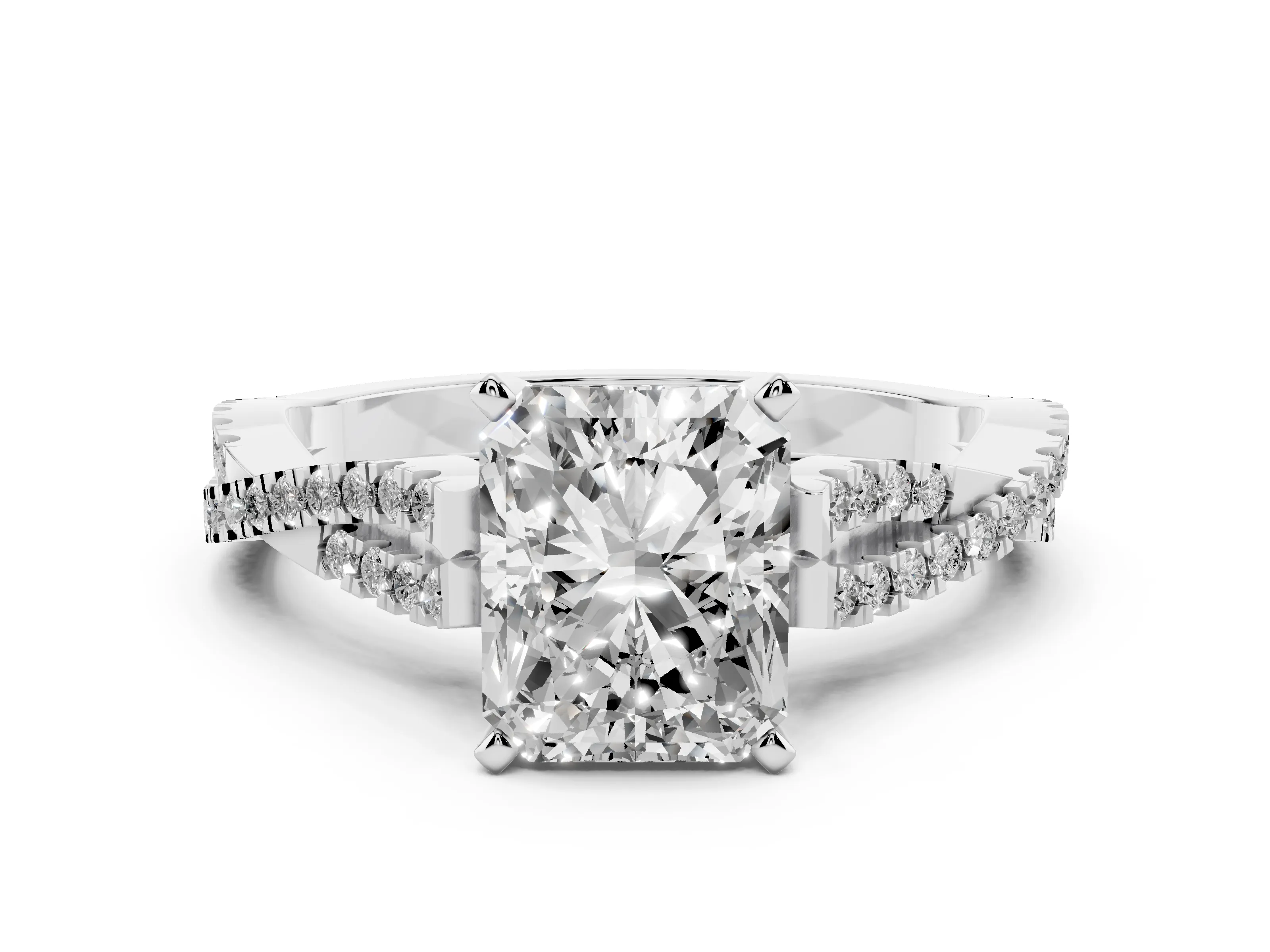 Radiant Cut Diamond Solitaire Engagement Ring Set in Platinum with Twisted Pavé Band and Prong Setting