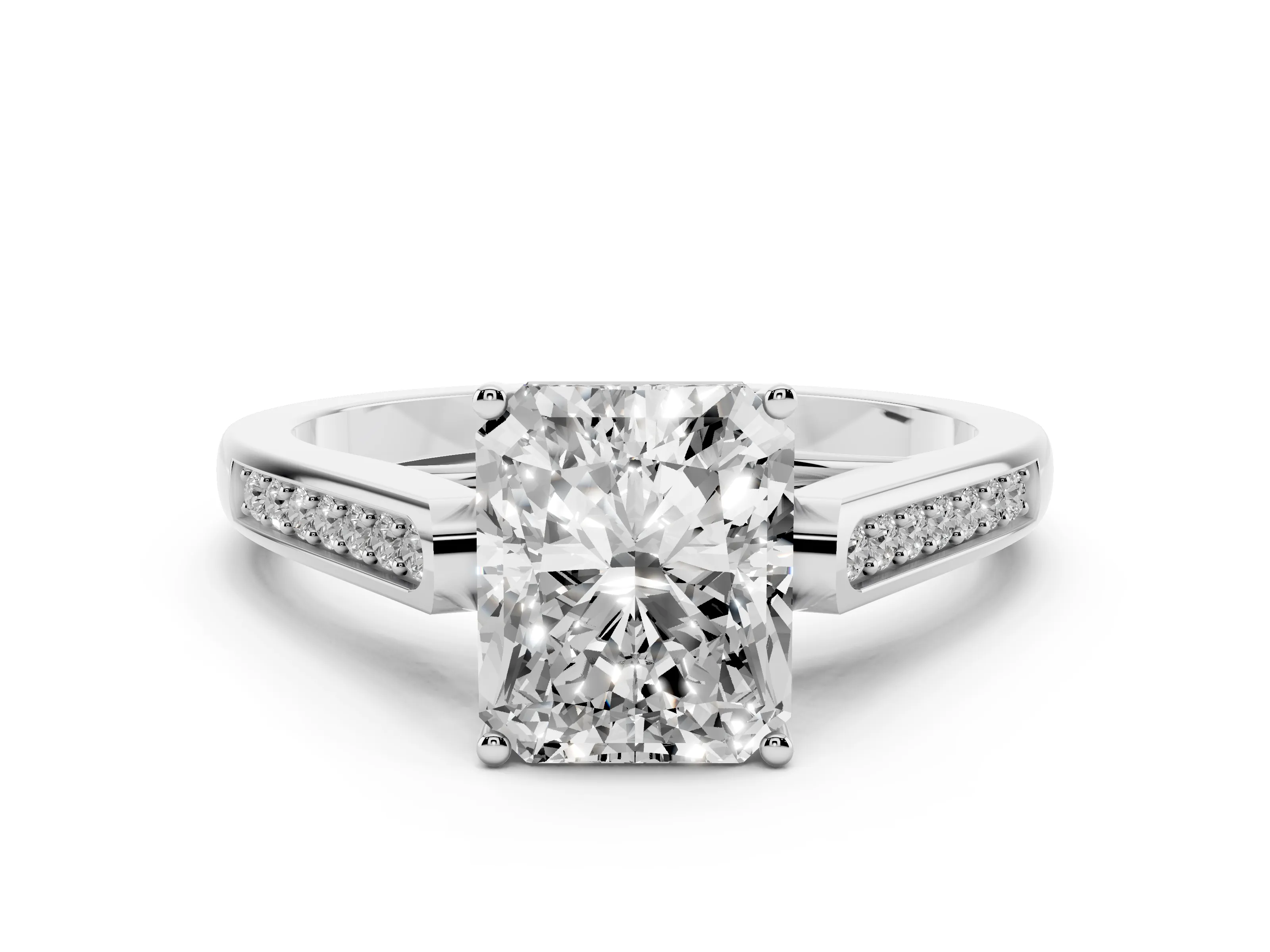 Radiant Cut Diamond Solitaire Cathedral Engagement Ring Set in Platinum with Channel-Set Band and Prong Setting