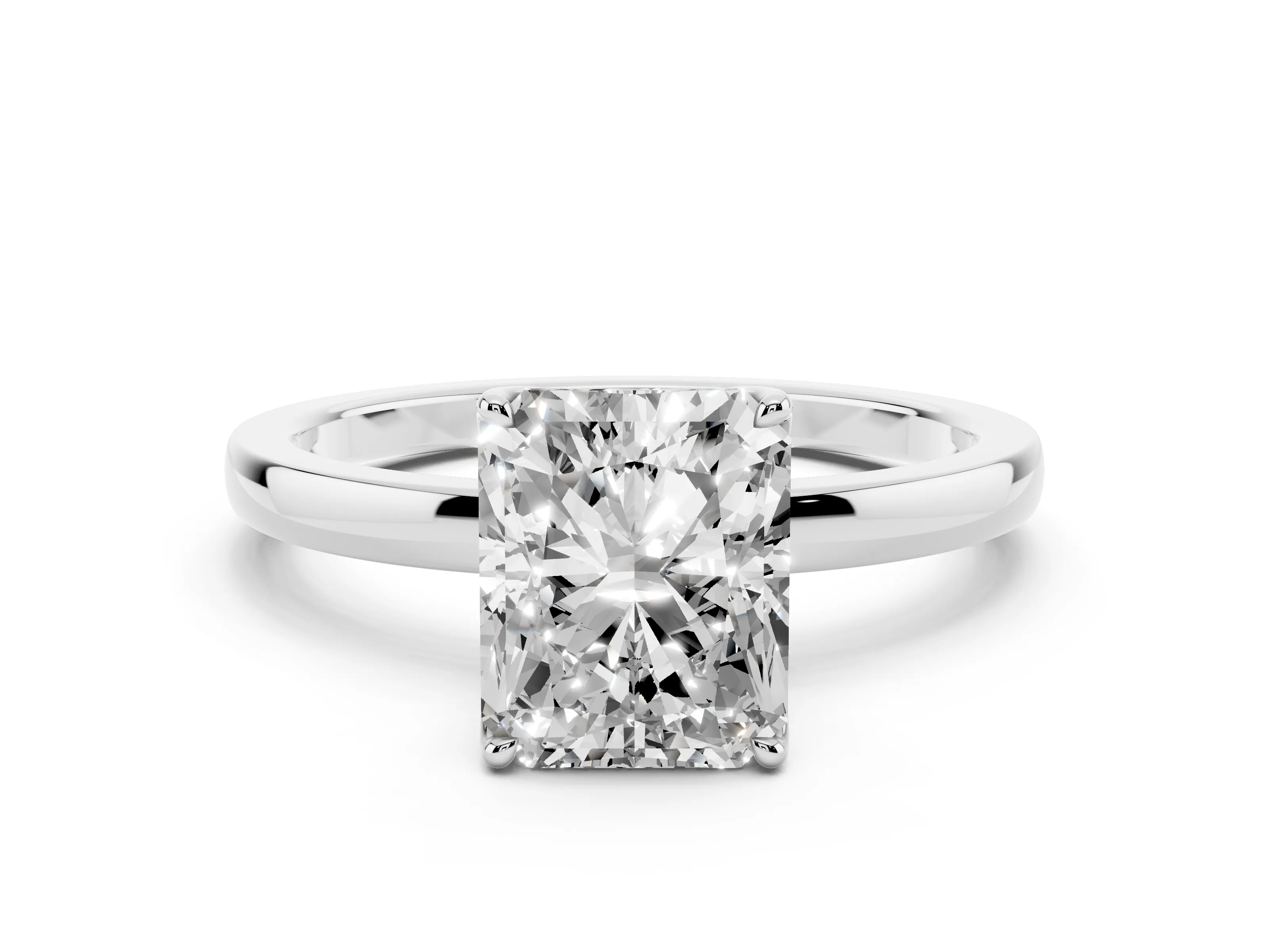 Radiant Cut Diamond Solitaire Ring Set in Platinum with Prong Setting and Thin Polished Band