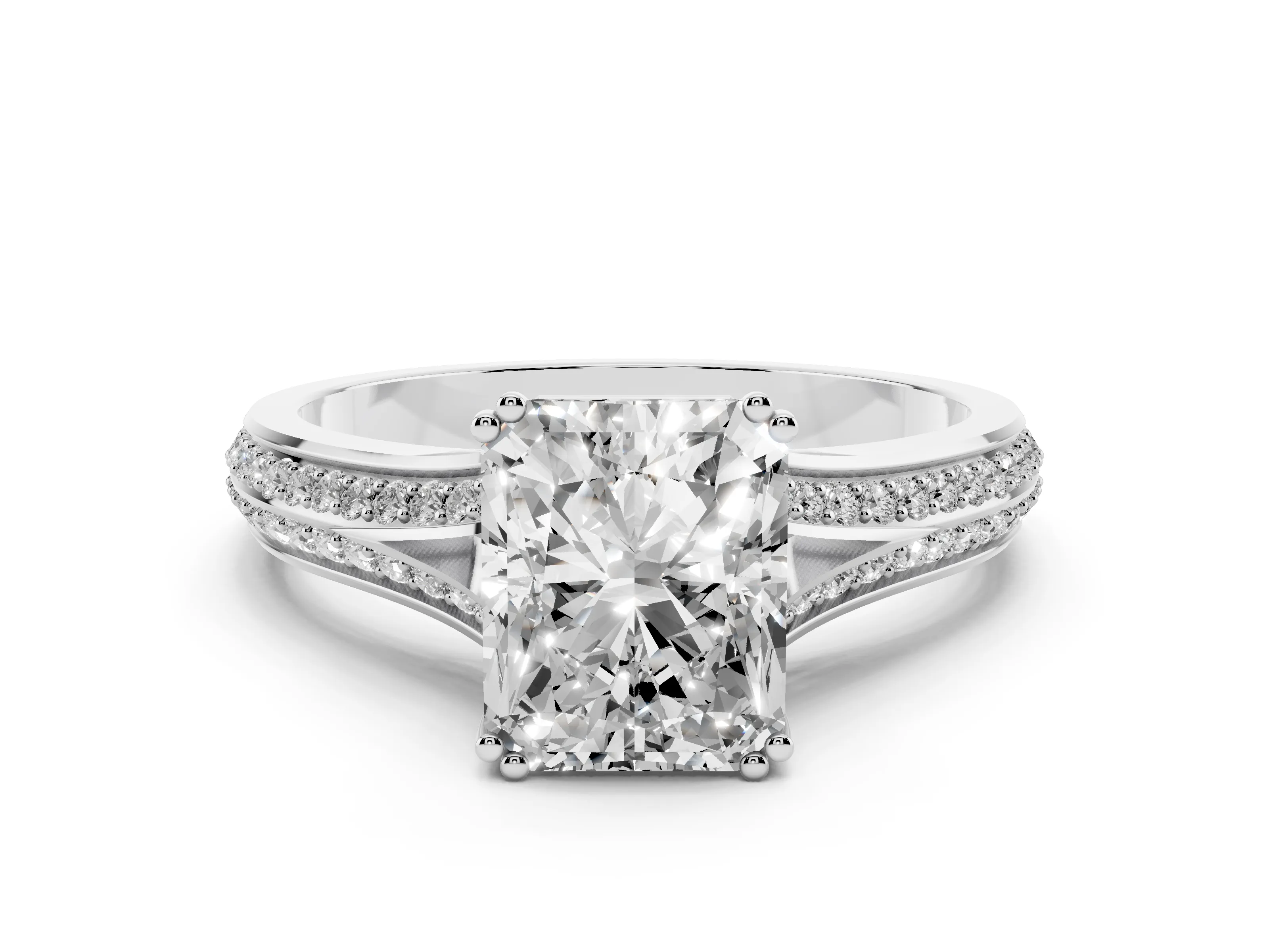 Radiant Cut Diamond Split Shank Pavé Engagement Ring Set in Platinum with Prong-Set Center Stone