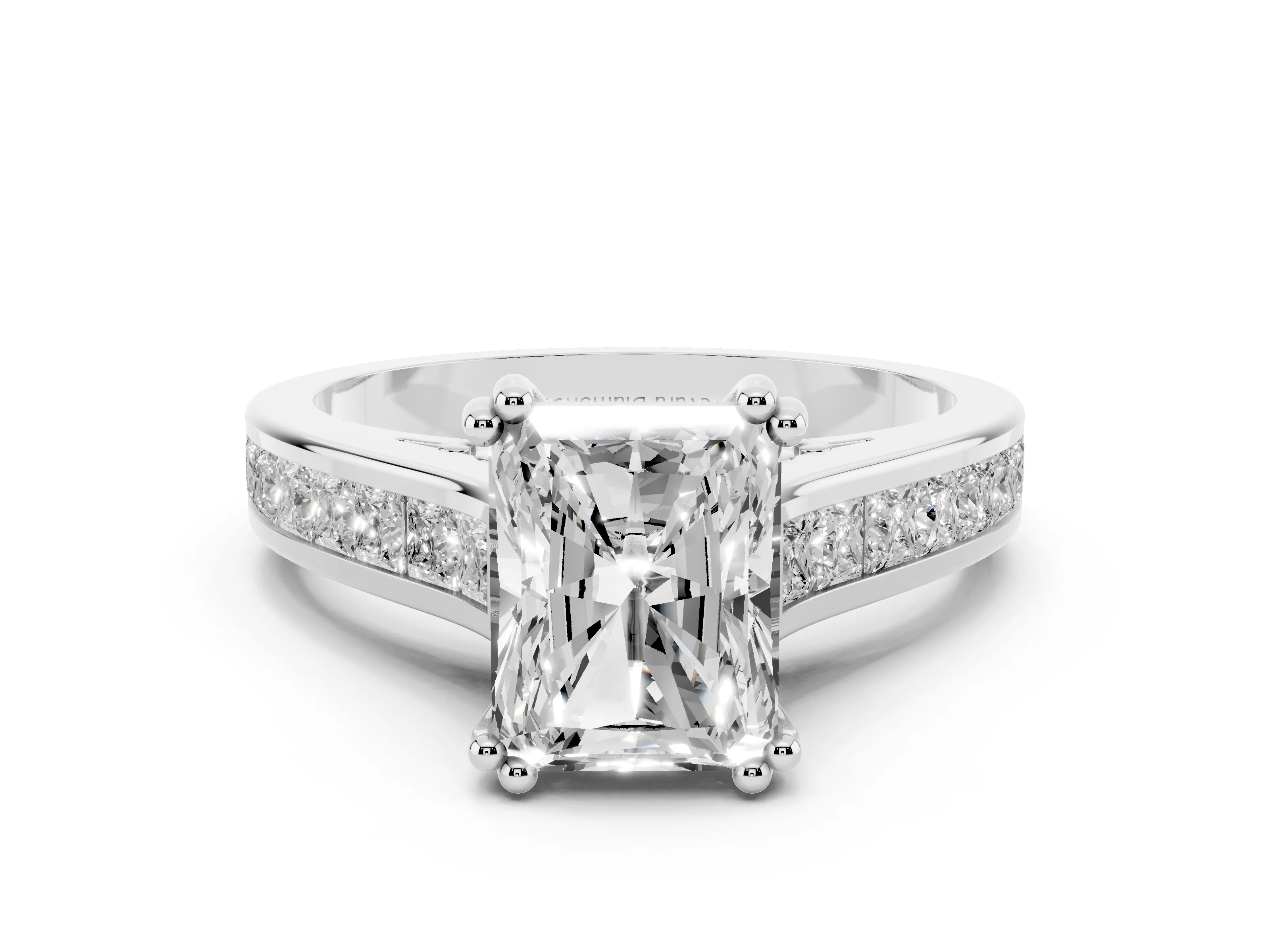 Radiant Cut Diamond Channel Set Solitaire Engagement Ring Set in White gold with Prong Setting
