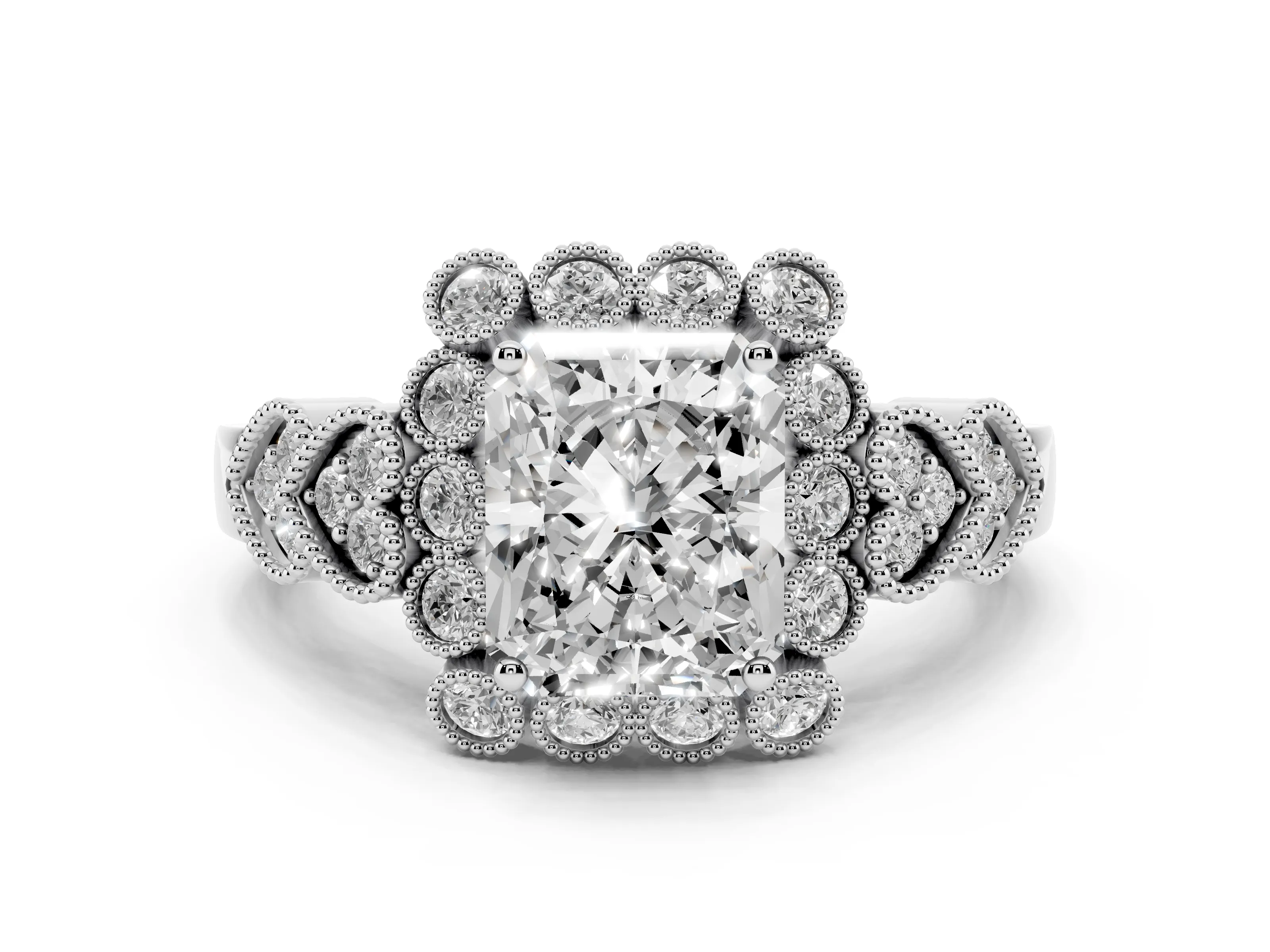 Radiant Cut Diamond Solitaire Ring Set in Platinum with Milgrain Pavé Heart Band