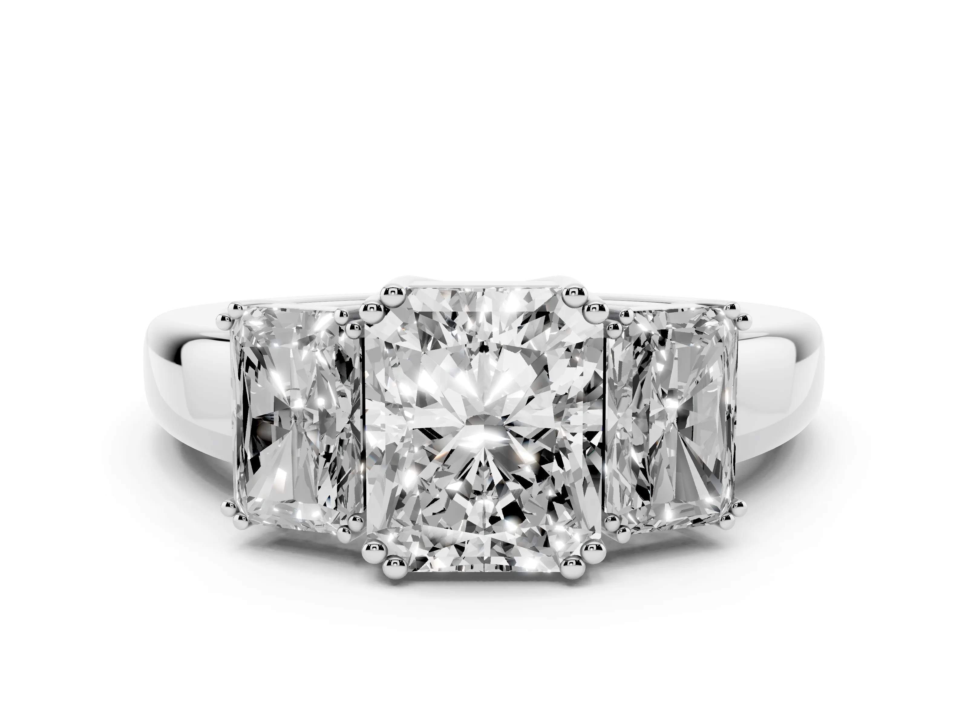 Radiant Cut Diamond Three-Stone Ring Set in Platinum with Polished Channel-Set Band
