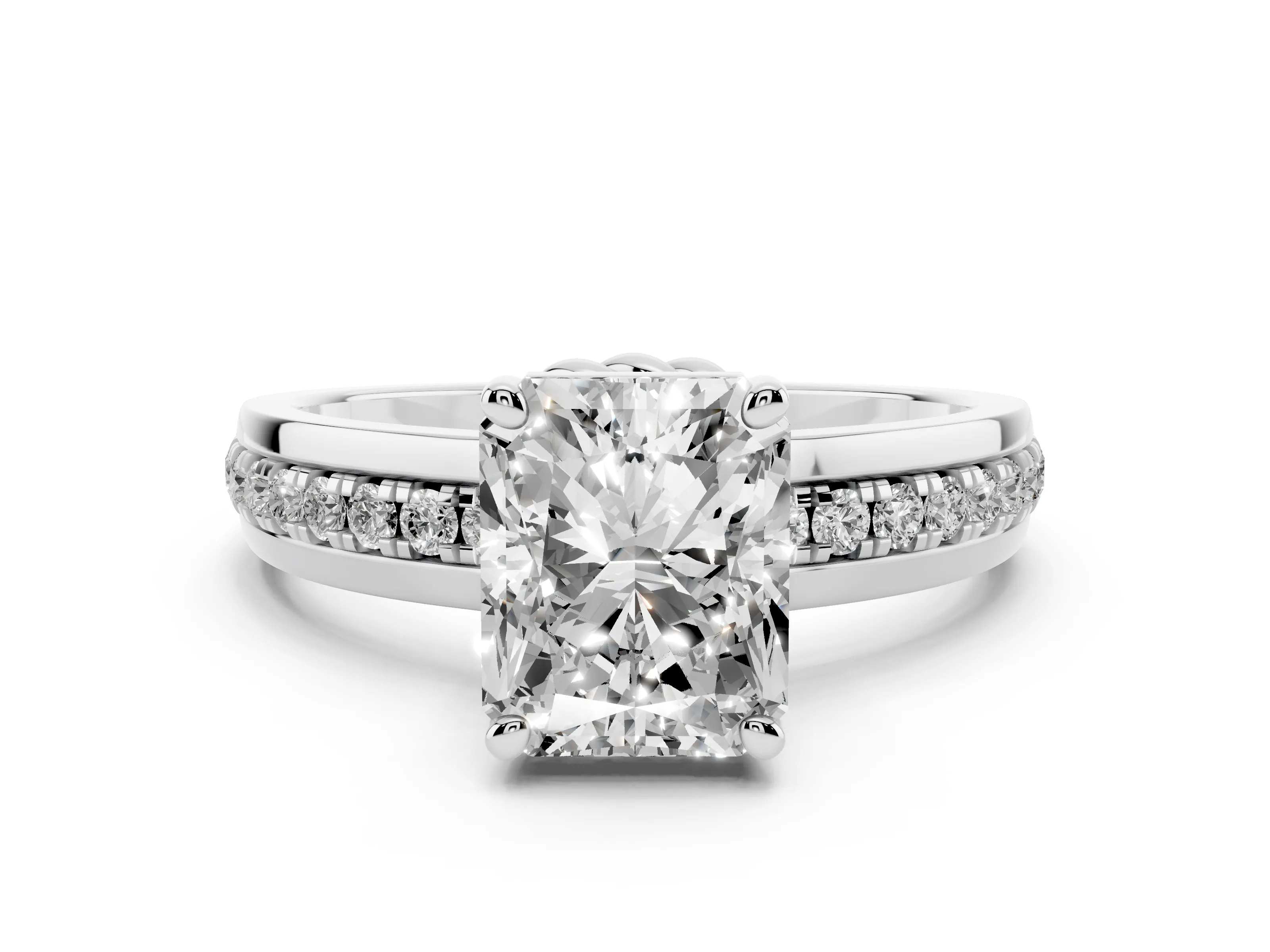 Radiant Cut Diamond Solitaire Ring Set in White gold with Channel Set Band and Prong Setting