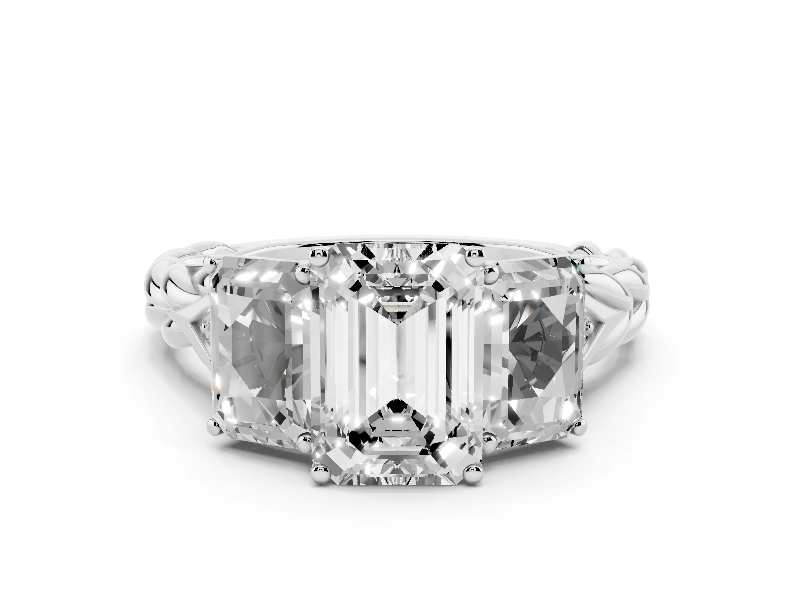 Radiant Cut Diamond Three-Stone Ring Set in Silver with Braided Band
