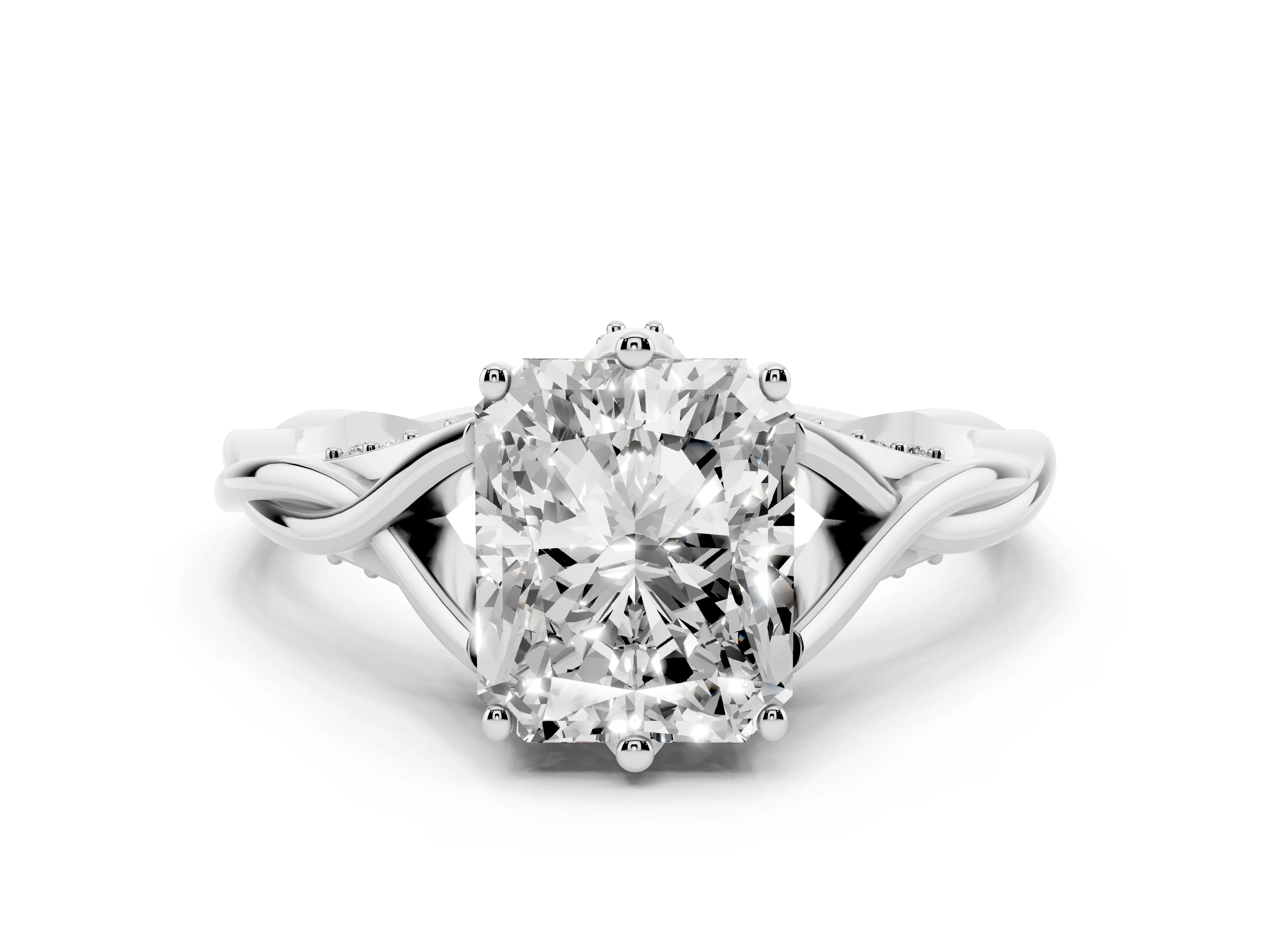 Radiant Cut Diamond Intertwined Twist Band Solitaire Ring Set in White gold with Prong Setting