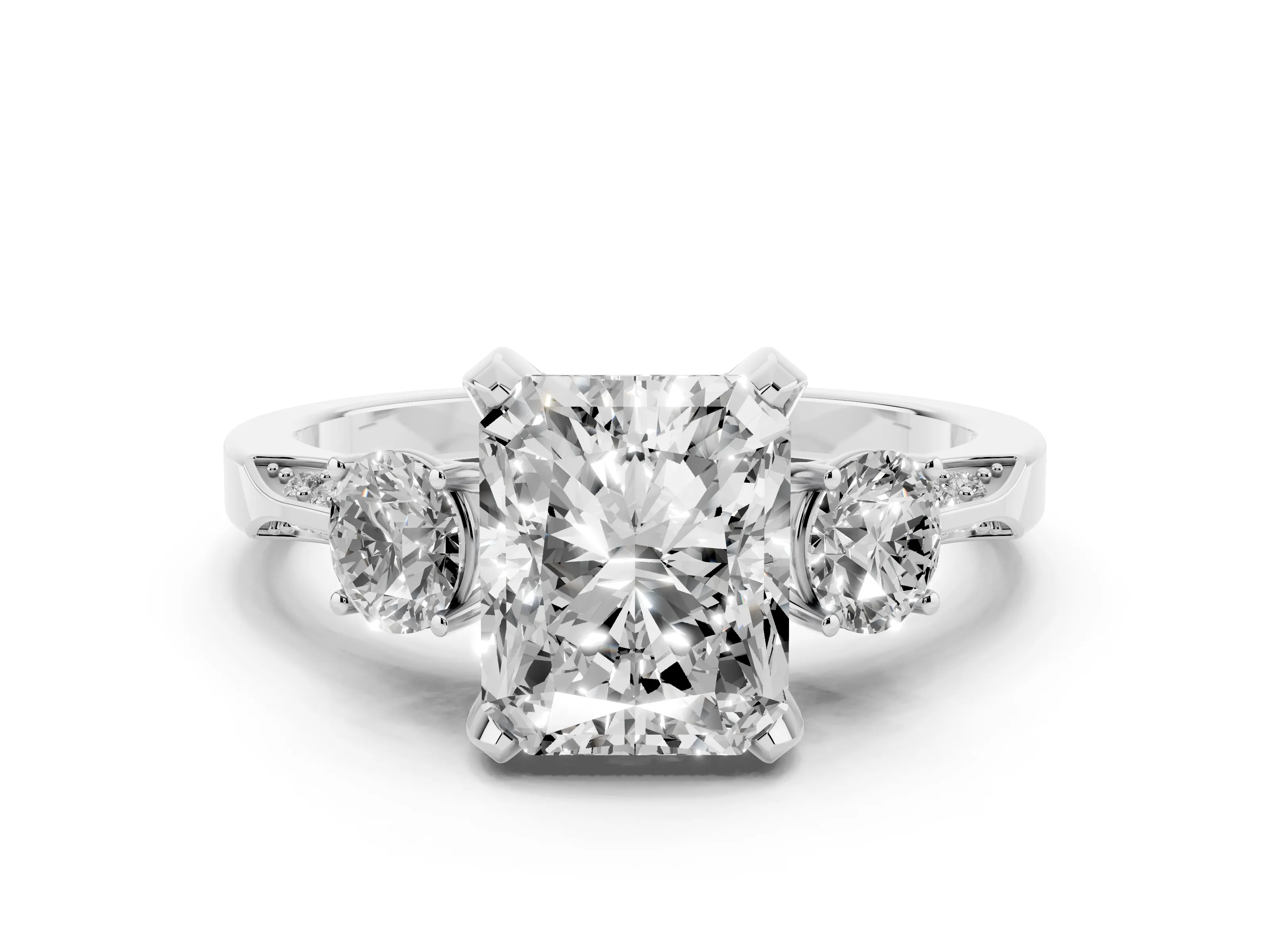 Radiant Cut Diamond Three-Stone Ring Set in Silver with Pavé Band and Smaller Side Stones