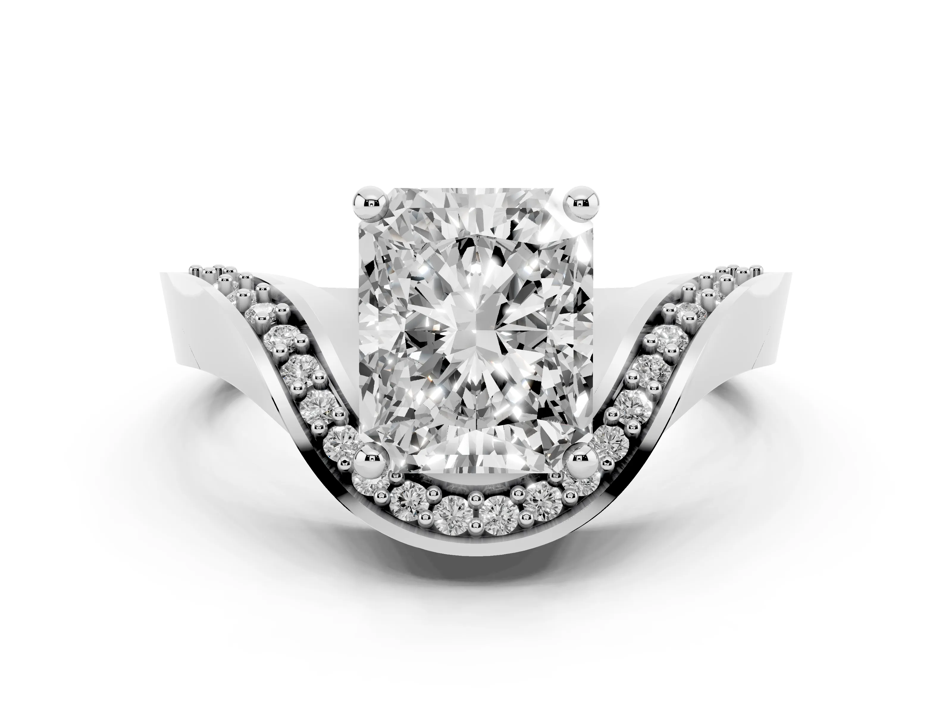 Radiant Cut Diamond Solitaire Engagement Ring Set in Platinum with Pavé Shoulders