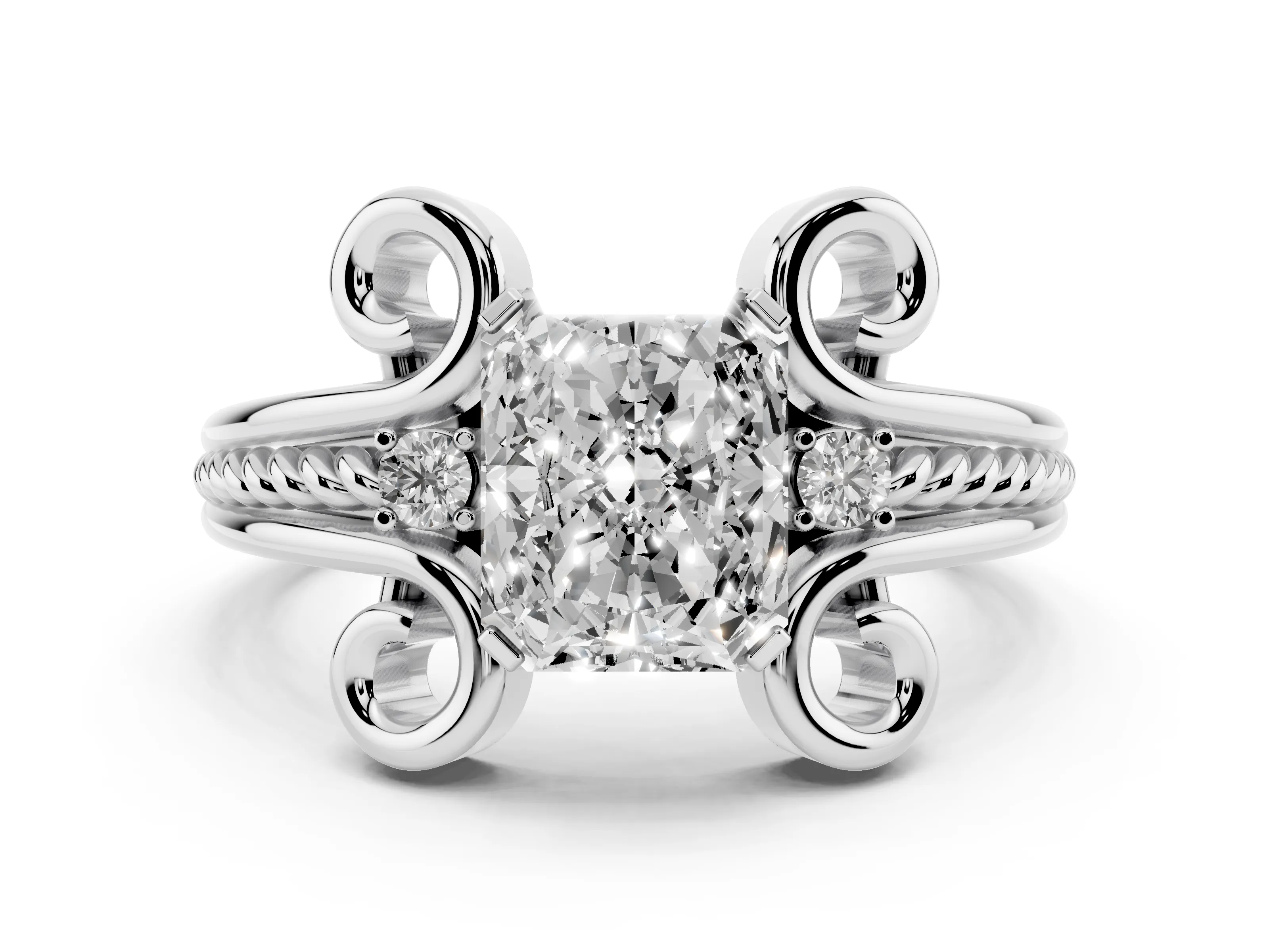 Radiant Cut Diamond Twisted Band Solitaire Ring Set in Platinum with Scroll Prongs