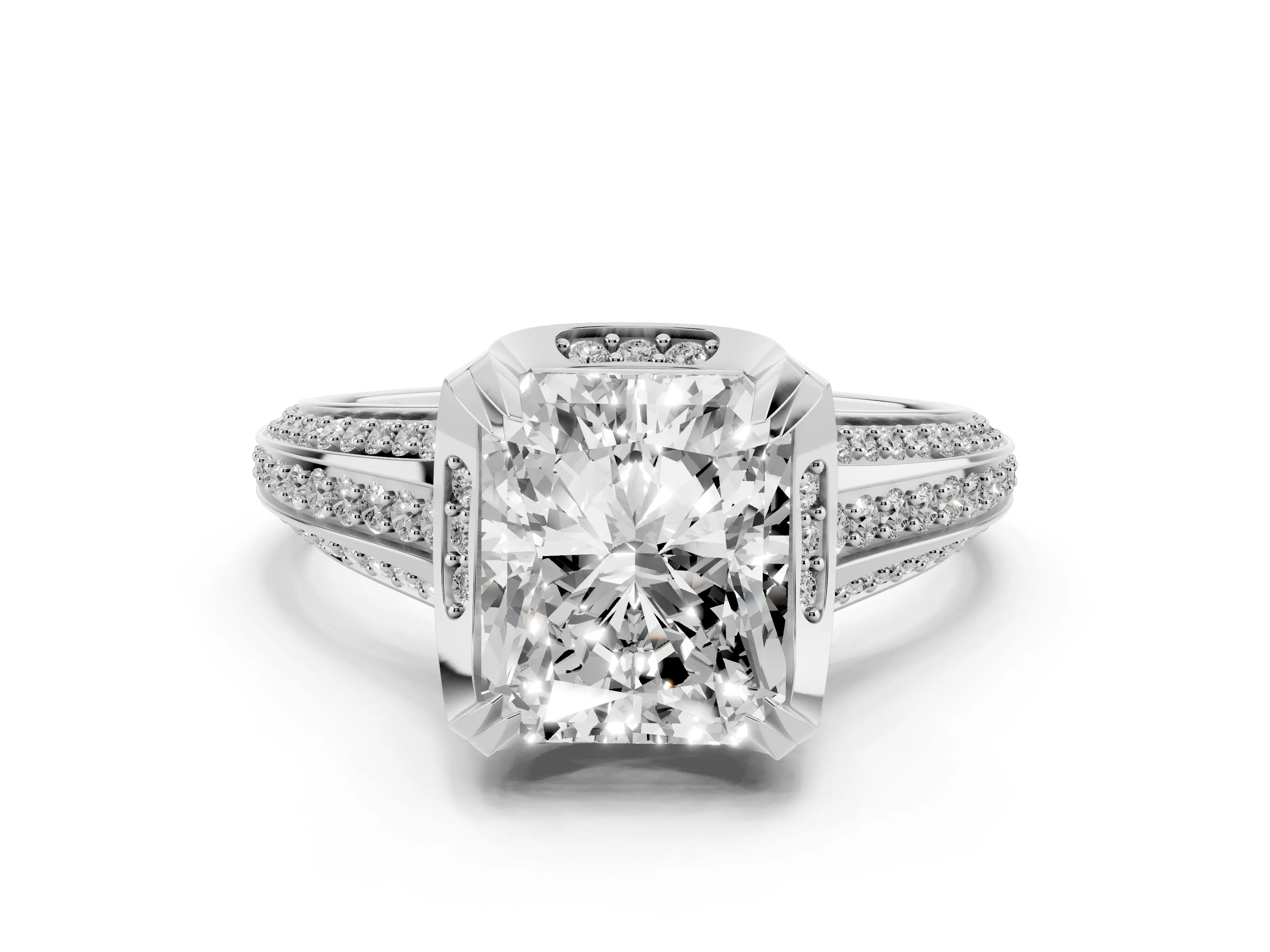 Radiant Cut Diamond Pavé Split Shank Solitaire Ring Set in Platinum with Prong Setting