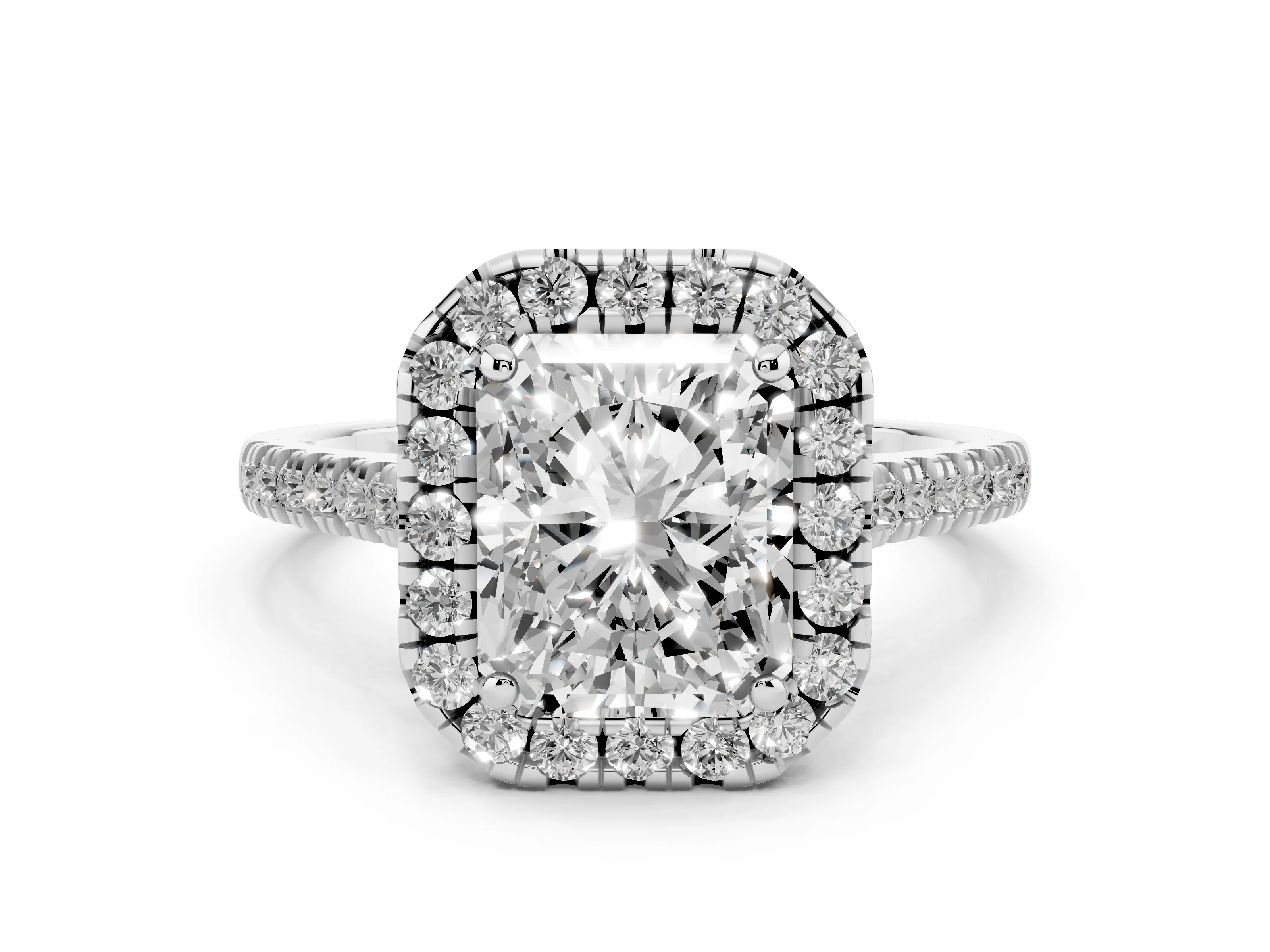 Radiant Cut Diamond Cushion Halo Ring Set in White gold with Pavé Band